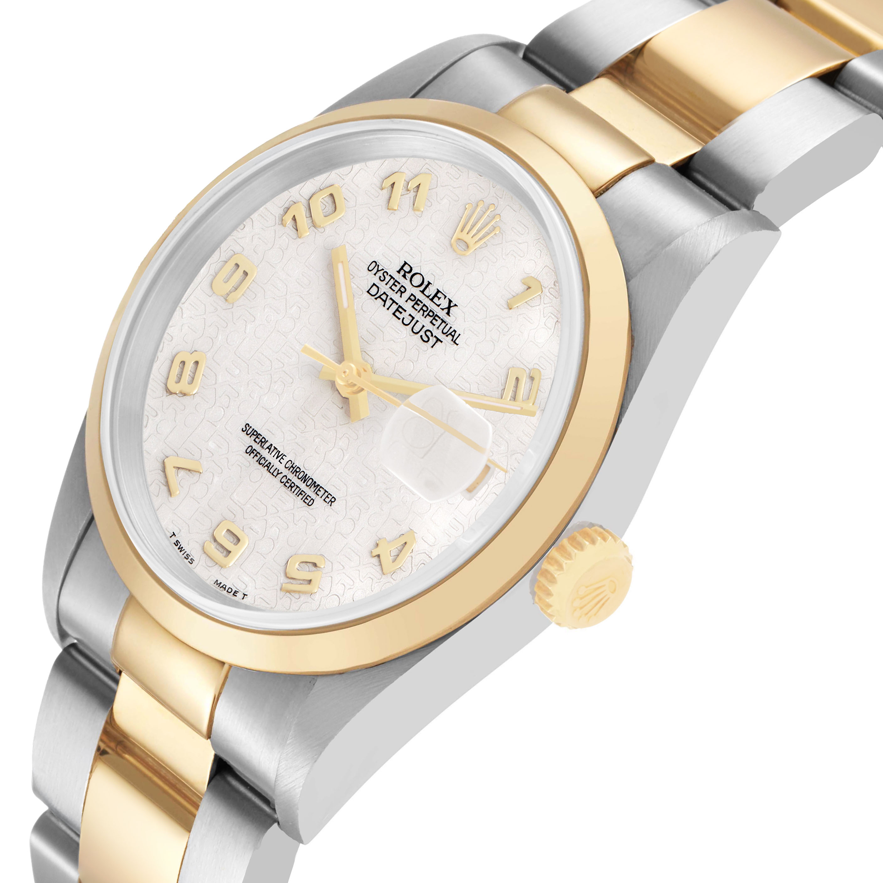 The Rolex Datejust 116203 Men's Stainless Steel White Dial watch is shown at an angled close-up, highlighting the dial, bezel, crown, and bracelet.