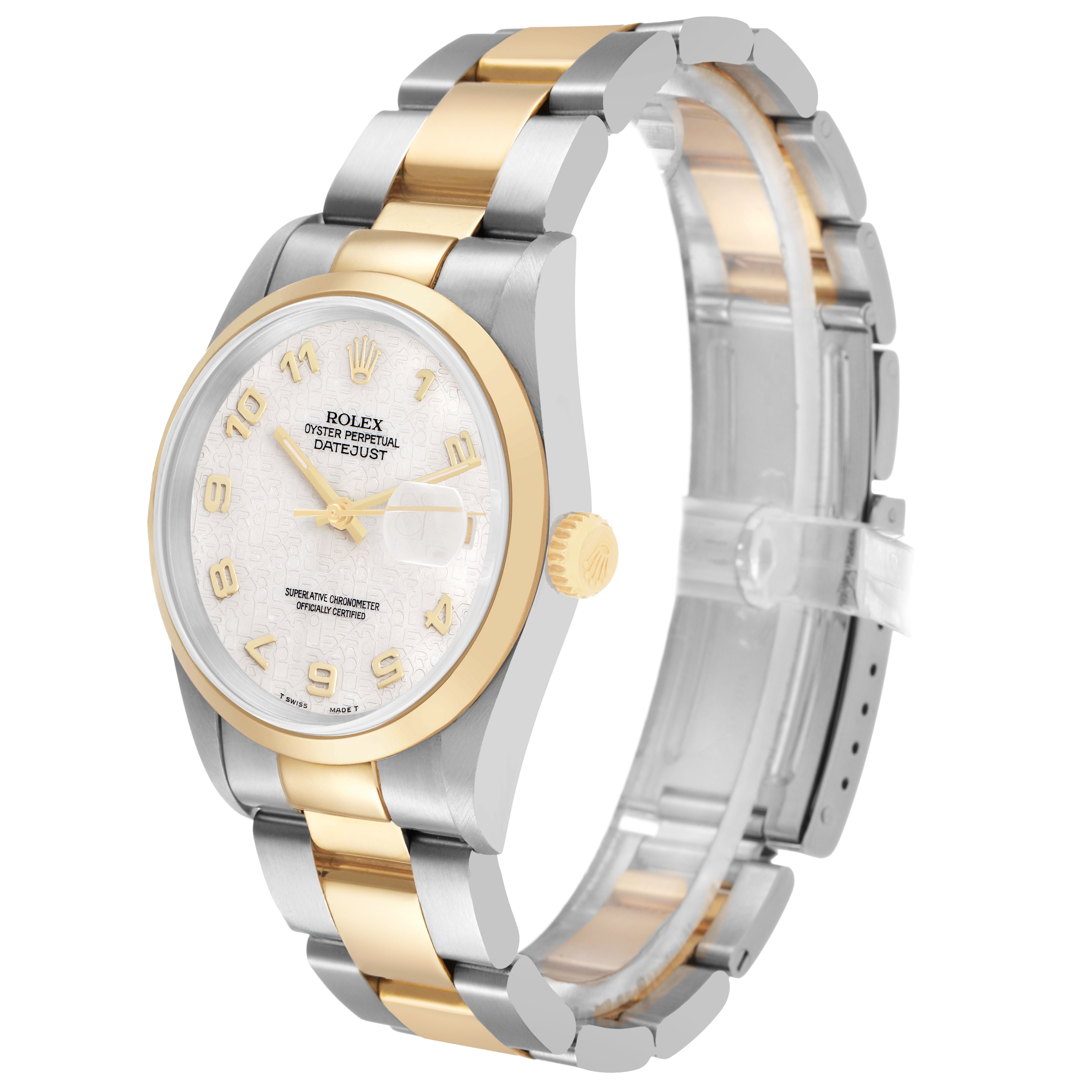 The Rolex Datejust 116203 Men's Stainless Steel White Dial watch is shown at a three-quarter angle, highlighting the face, bezel, and bracelet.
