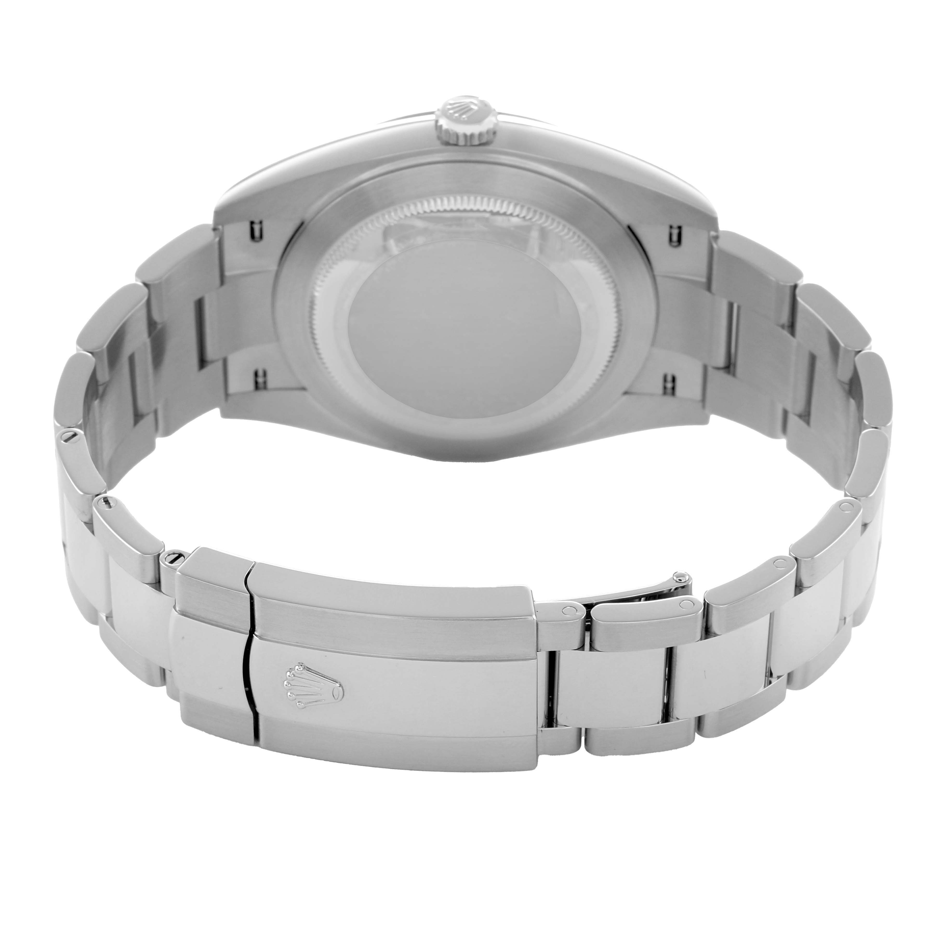 The image shows the Rolex Datejust 41 126334 Men's Stainless Steel Grey Dial from the back, highlighting the case back, bracelet, and clasp.