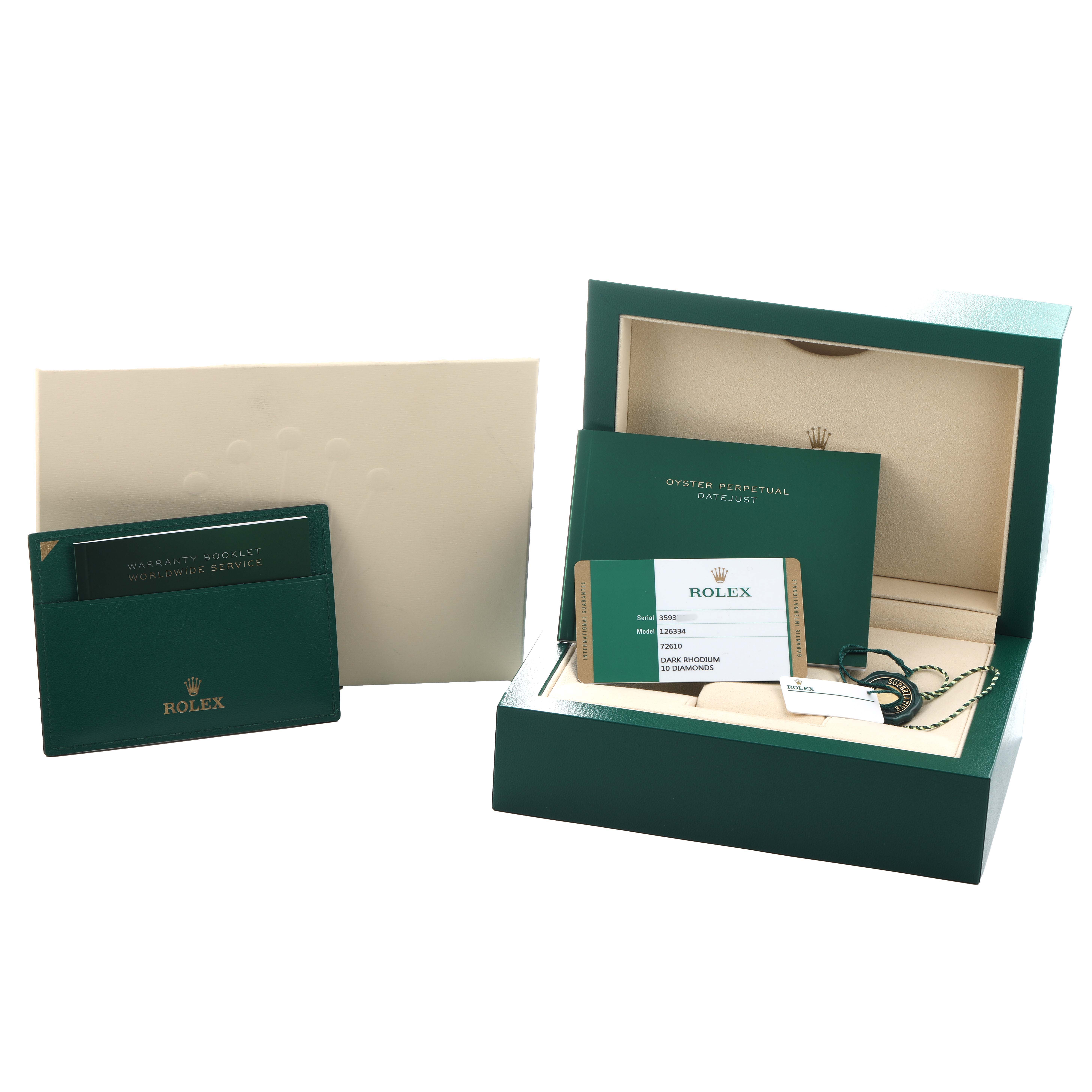 The image shows a Rolex Datejust 41 126334 Men's Stainless Steel Grey Dial box with warranty card, booklet, and accessories, viewed from the front.