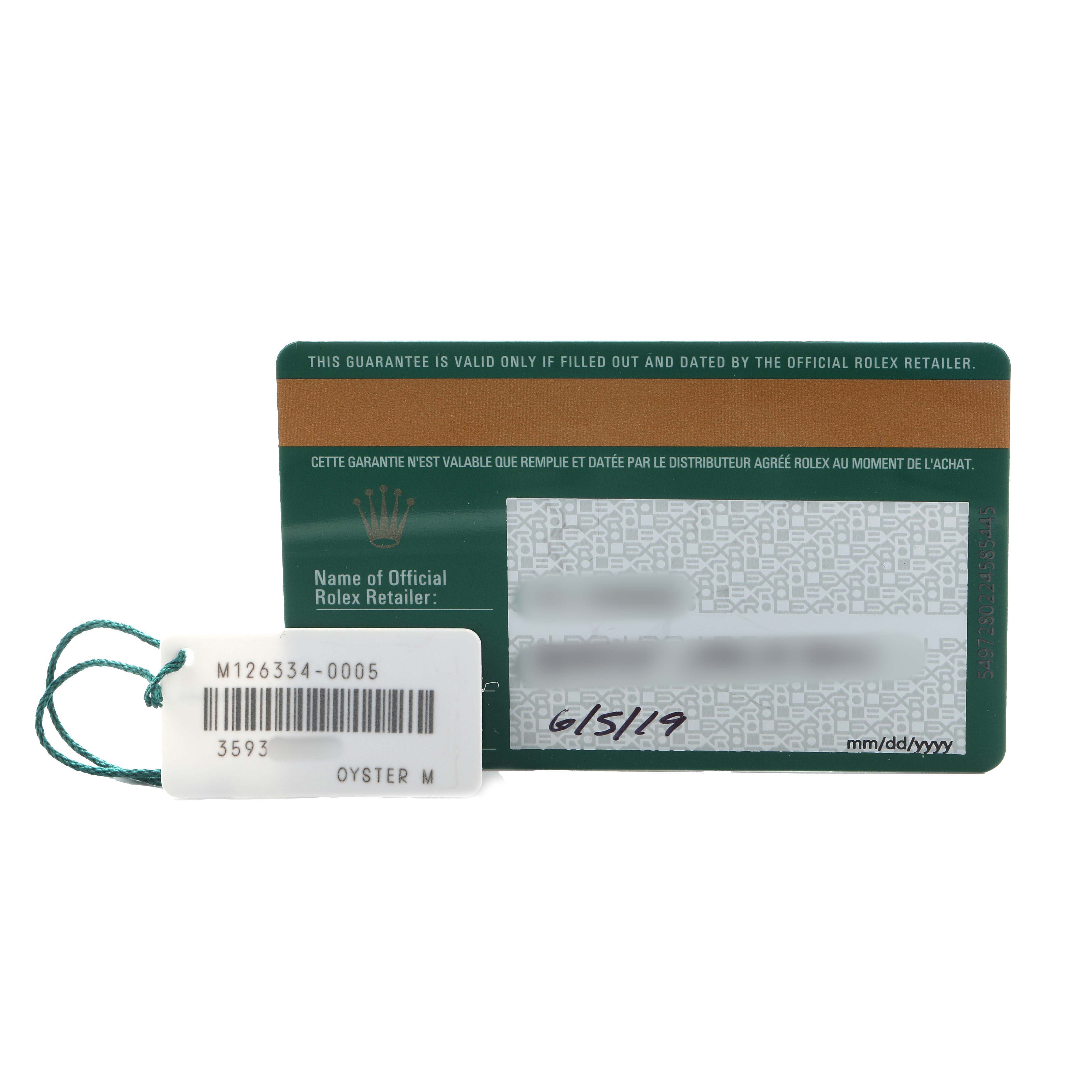 The image shows a warranty card and tag for a Rolex Datejust 41 126334 Men's Stainless Steel Grey Dial, featuring the model number and purchase date.