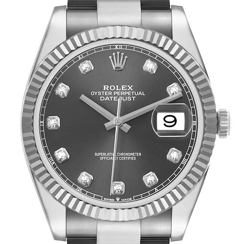 The image shows a front view of a Rolex Datejust 41 126334 Men's Stainless Steel Grey Dial with a fluted bezel, date window, and diamond hour markers.
