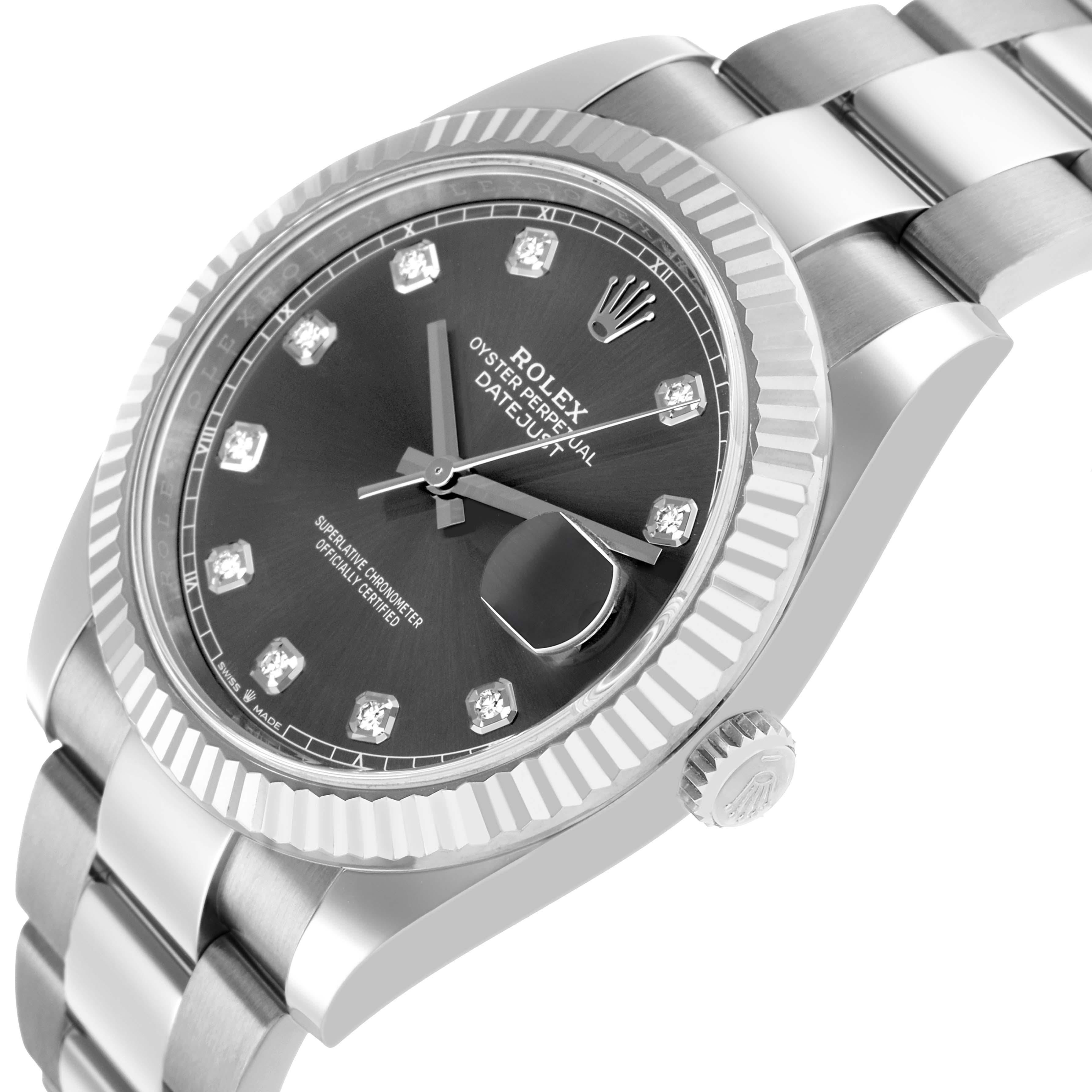 The Rolex Datejust 41 126334 Men's Stainless Steel Grey Dial is shown at a slight angle, highlighting the bezel, dial, markers, and part of the bracelet.