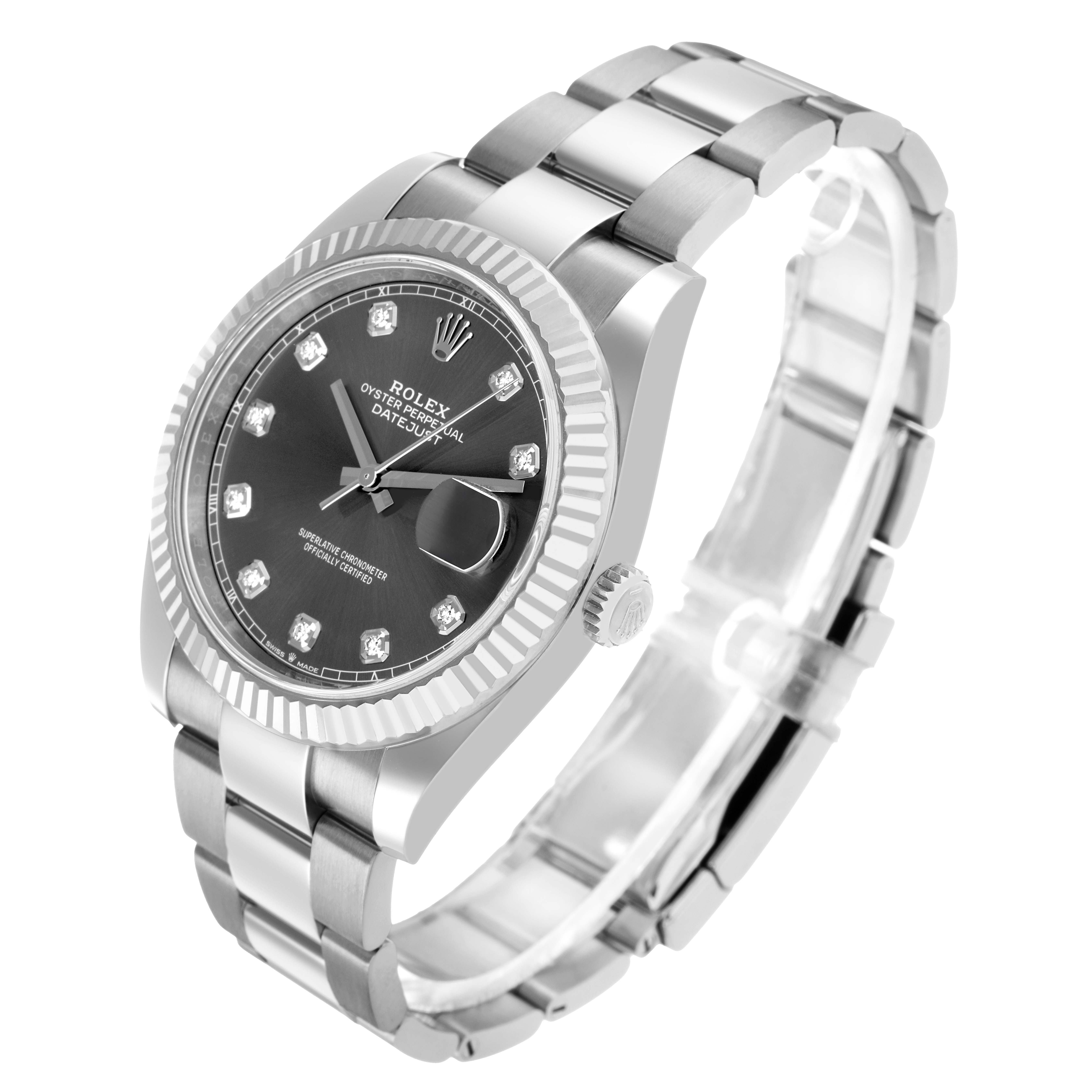 The Rolex Datejust 41 126334 Men's Stainless Steel Grey Dial watch is shown at a tilted angle, displaying the dial, bezel, bracelet, and crown.