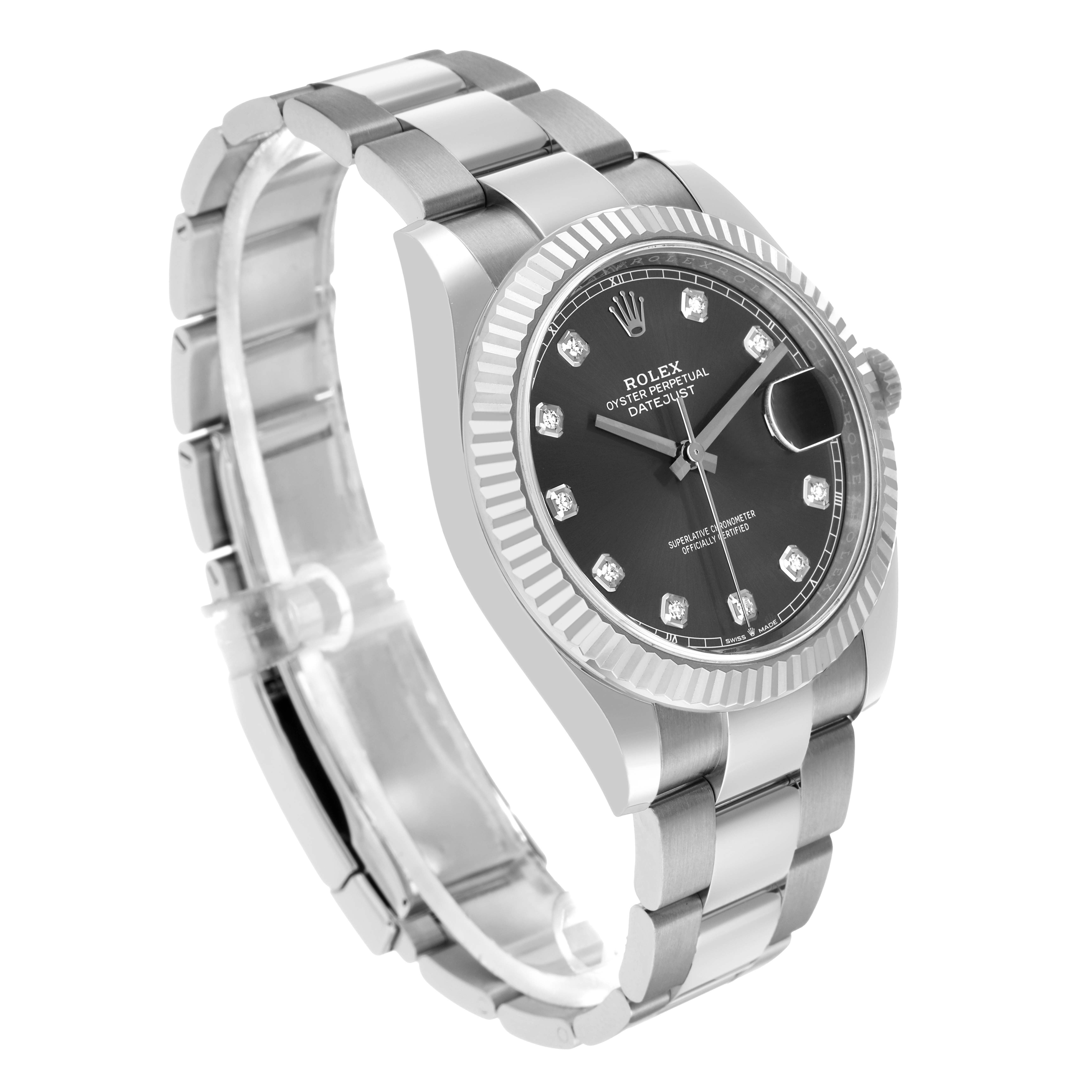 The Rolex Datejust 41 126334 Men's Stainless Steel Grey Dial watch is displayed at a slight side angle, showing the face, bezel, and part of the bracelet.