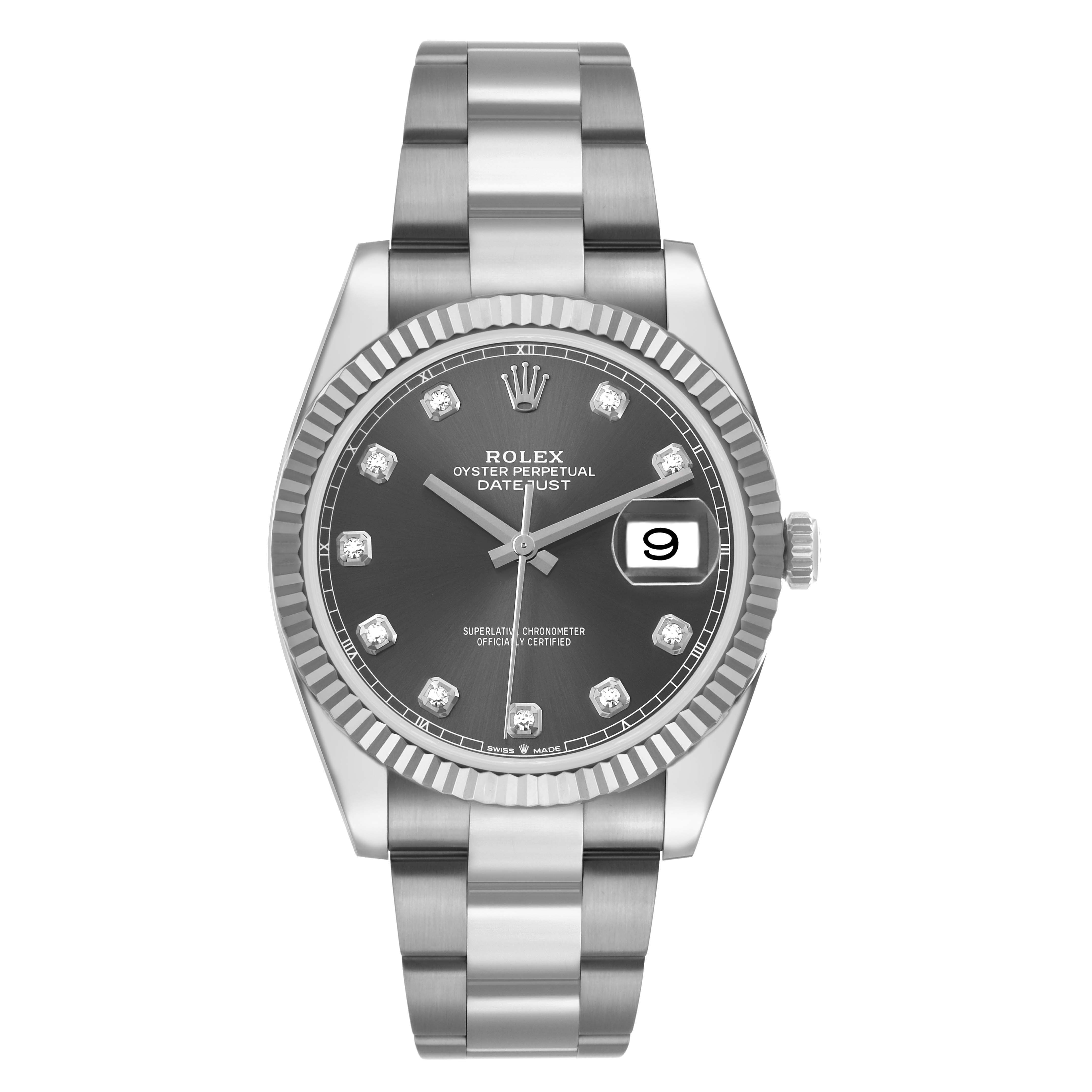 The Rolex Datejust 41 126334 Men's Stainless Steel Grey Dial model is shown from a frontal angle, displaying its face, bezel, bracelet, and cyclops lens over the date.