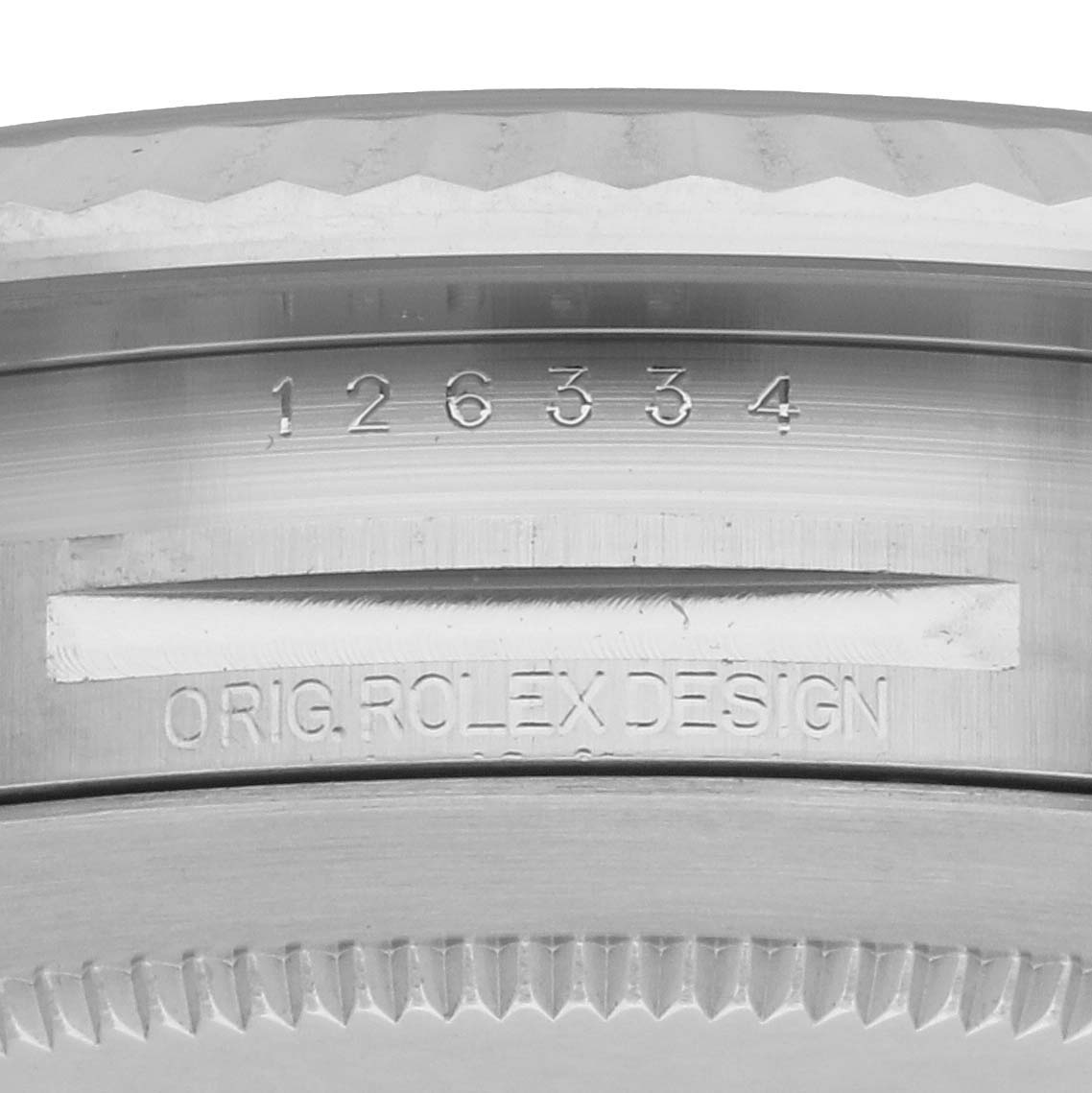 The image shows the side of the Rolex Datejust 41 126334 Men's Stainless Steel Grey Dial, focusing on the model number and the "ORIG. ROLEX DESIGN" engraving.