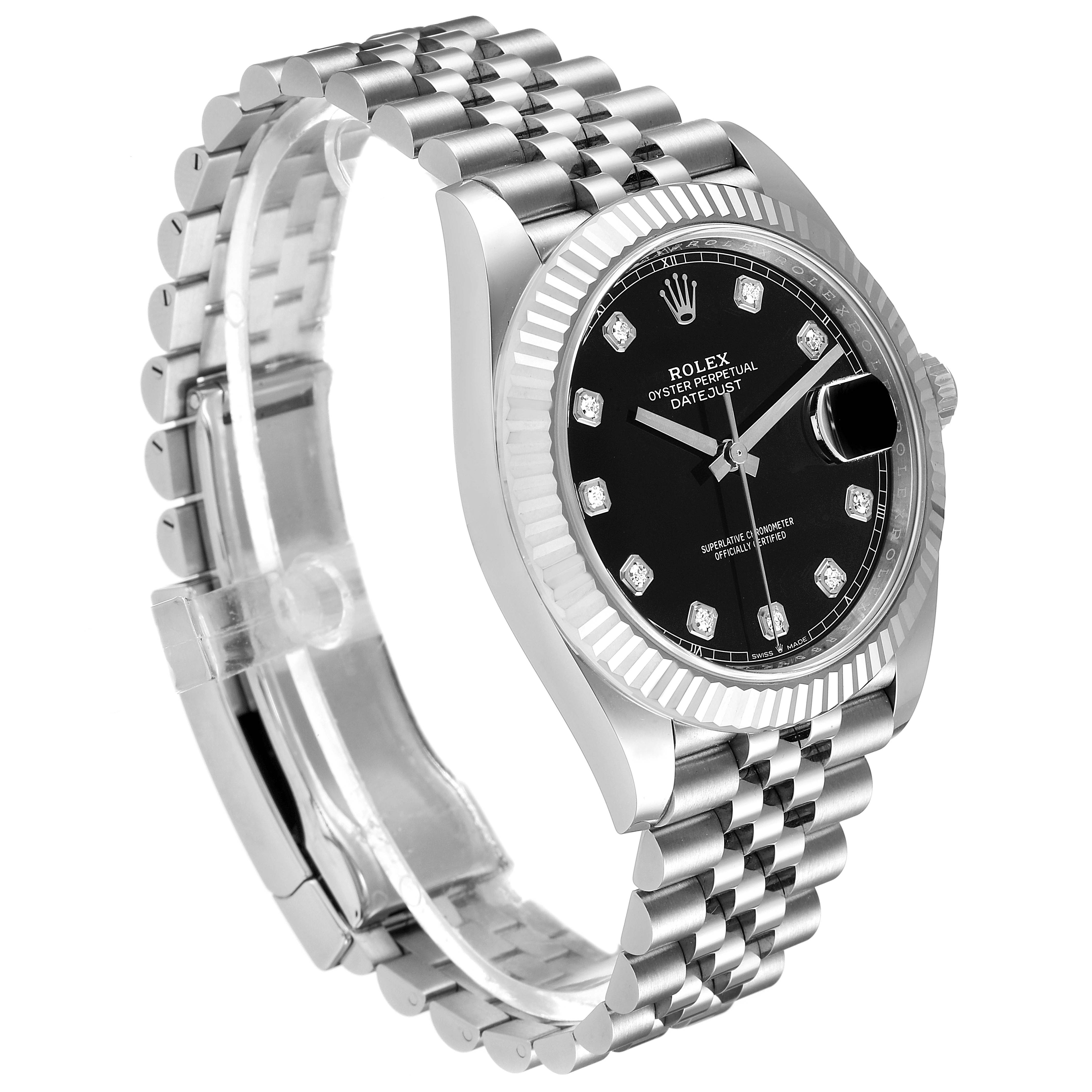 The image shows a side angle of the Rolex Datejust 41 126334 Men
s Stainless Steel Black Dial 126334 Men
s Stainless Steel Black Dial watch, displaying its bracelet, case, and black dial with diamond hour markers.