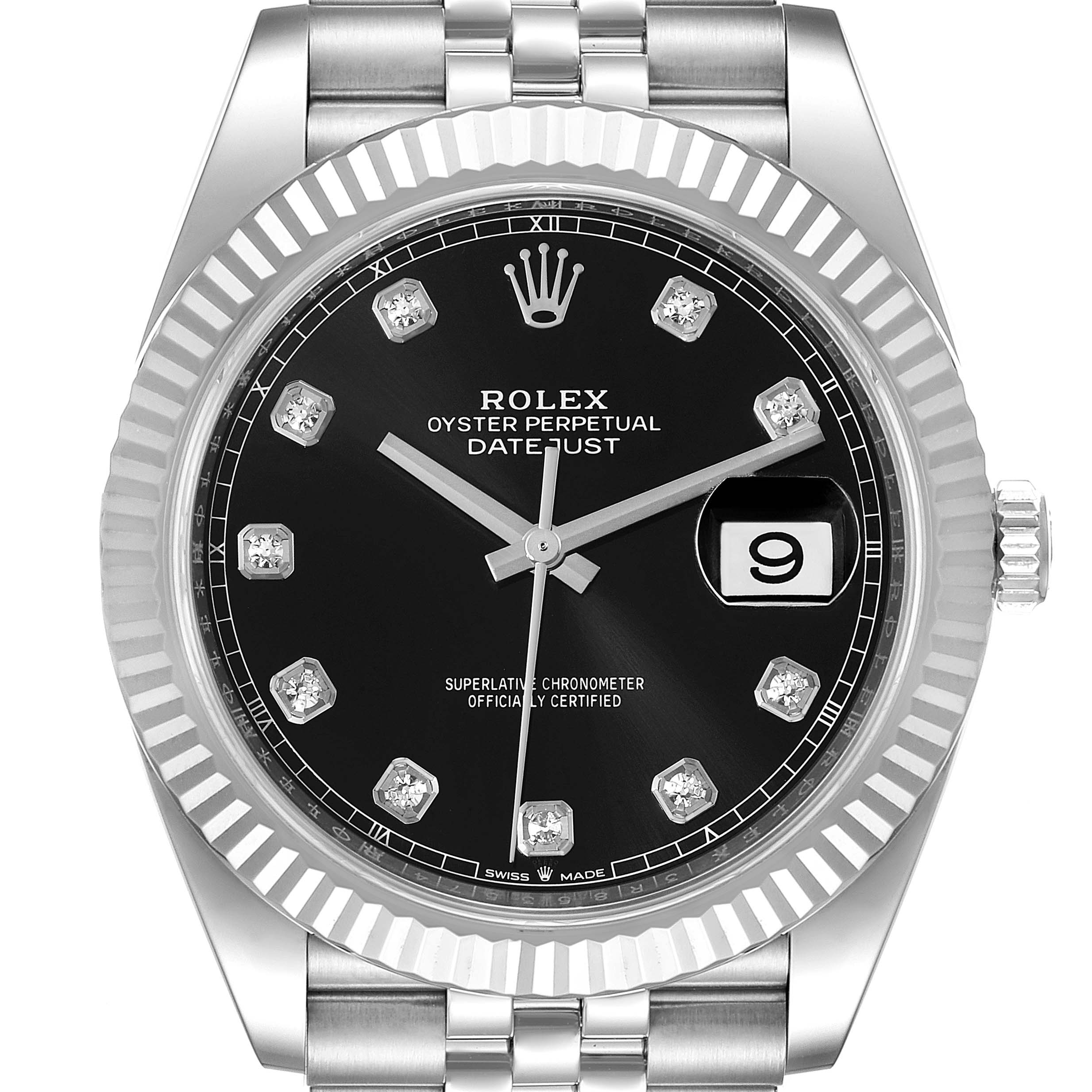 This image shows a frontal view of the Rolex Datejust 41 126334 Men
s Stainless Steel Black Dial 126334 Men
s Stainless Steel Black Dial watch, highlighting its black dial, fluted bezel, and Jubilee bracelet.