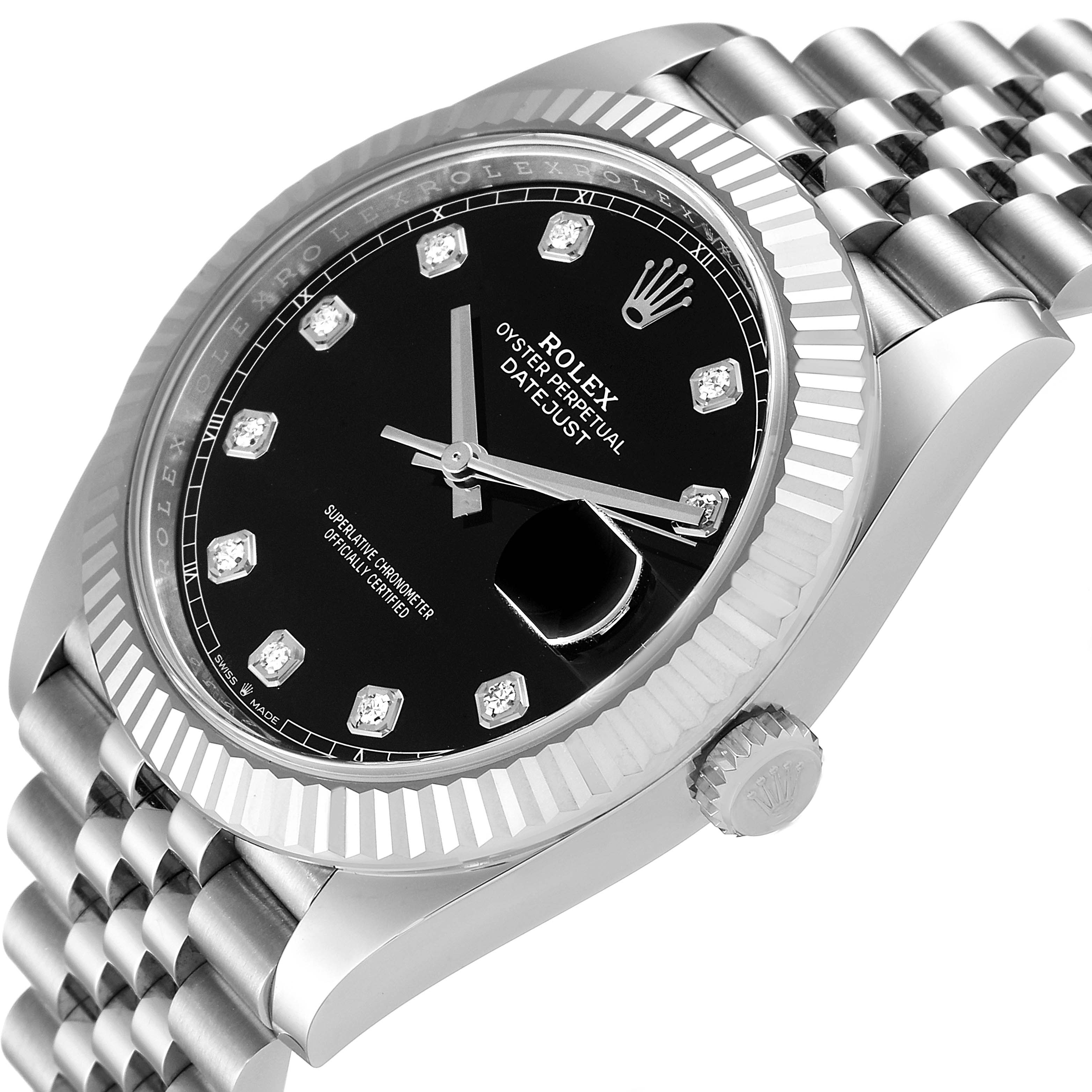 The image shows a close-up, angled shot of the Rolex Datejust 41 126334 Men
s Stainless Steel Black Dial 126334 Men
s Stainless Steel Black Dial model, highlighting its black dial, jubilee bracelet, and fluted bezel.