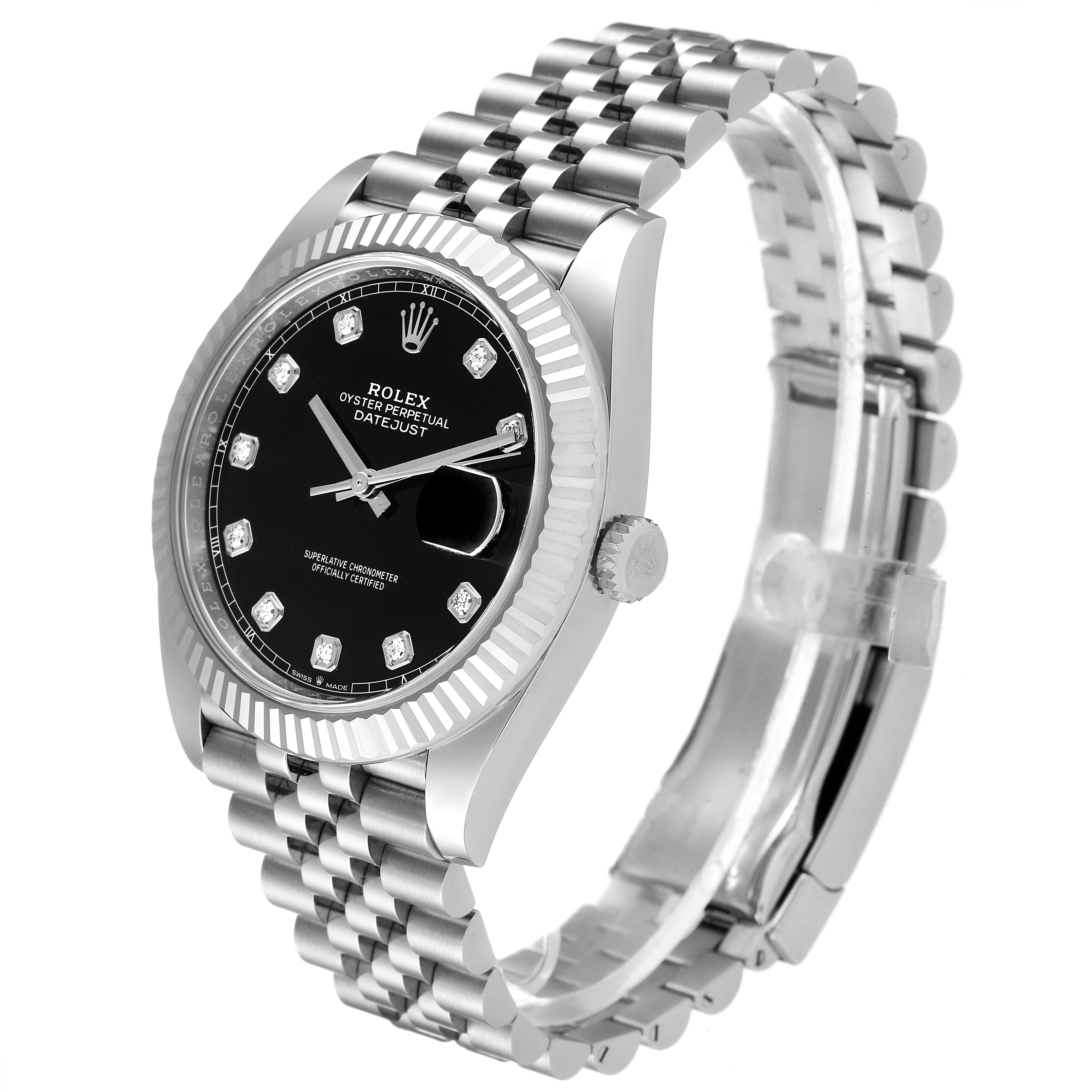 The image displays a side angle view of the Rolex Datejust 41 126334 Men
s Stainless Steel Black Dial 126334 Men
s Stainless Steel Black Dial model, highlighting the dial, bezel, crown, and bracelet.