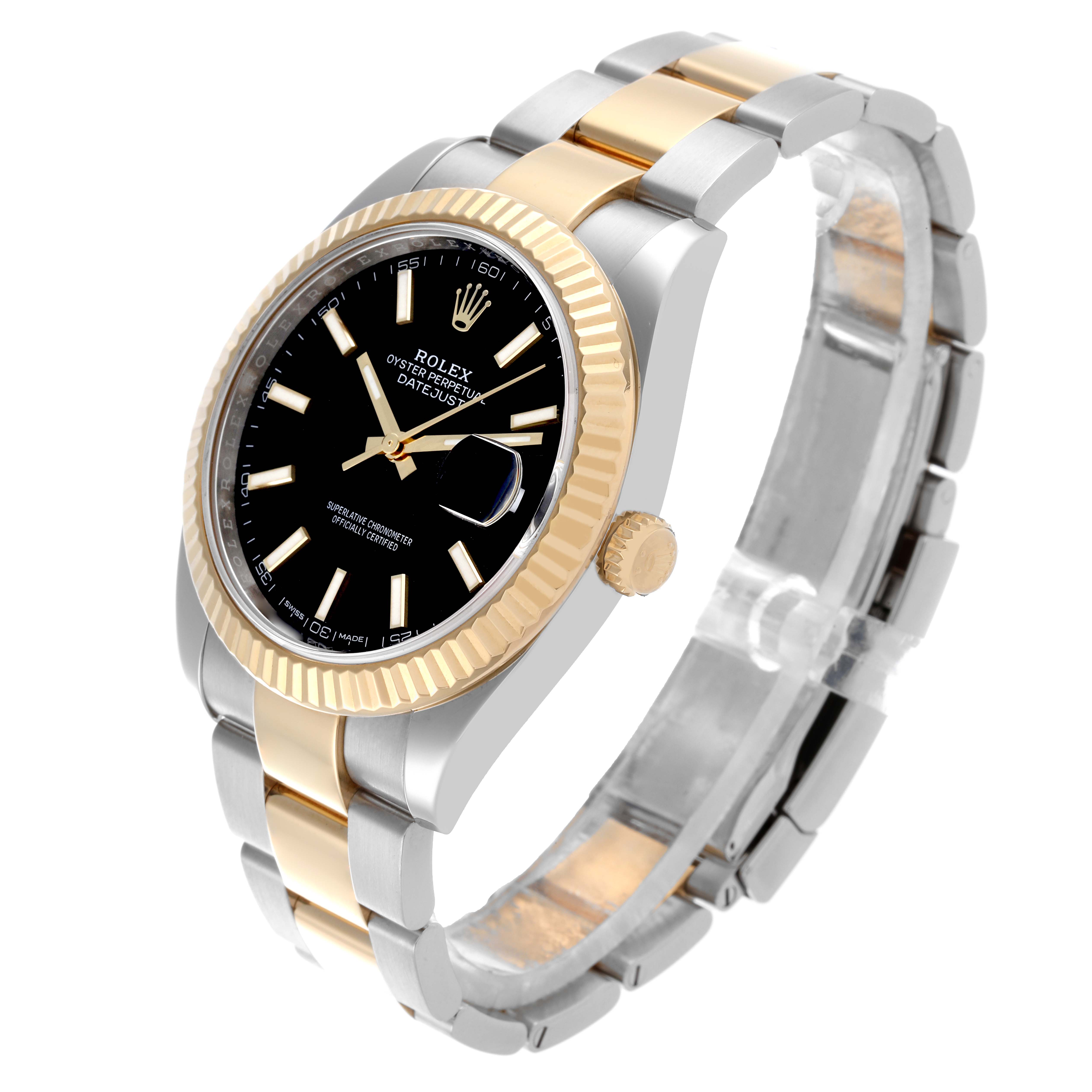 The Rolex Datejust 41 126333 Men
s Steel and Gold (two tone) Black Dial 126333 Men
s Steel and Gold (two tone) Black Dial is shown at a slight angle, highlighting the face, crown, and two-tone bracelet.