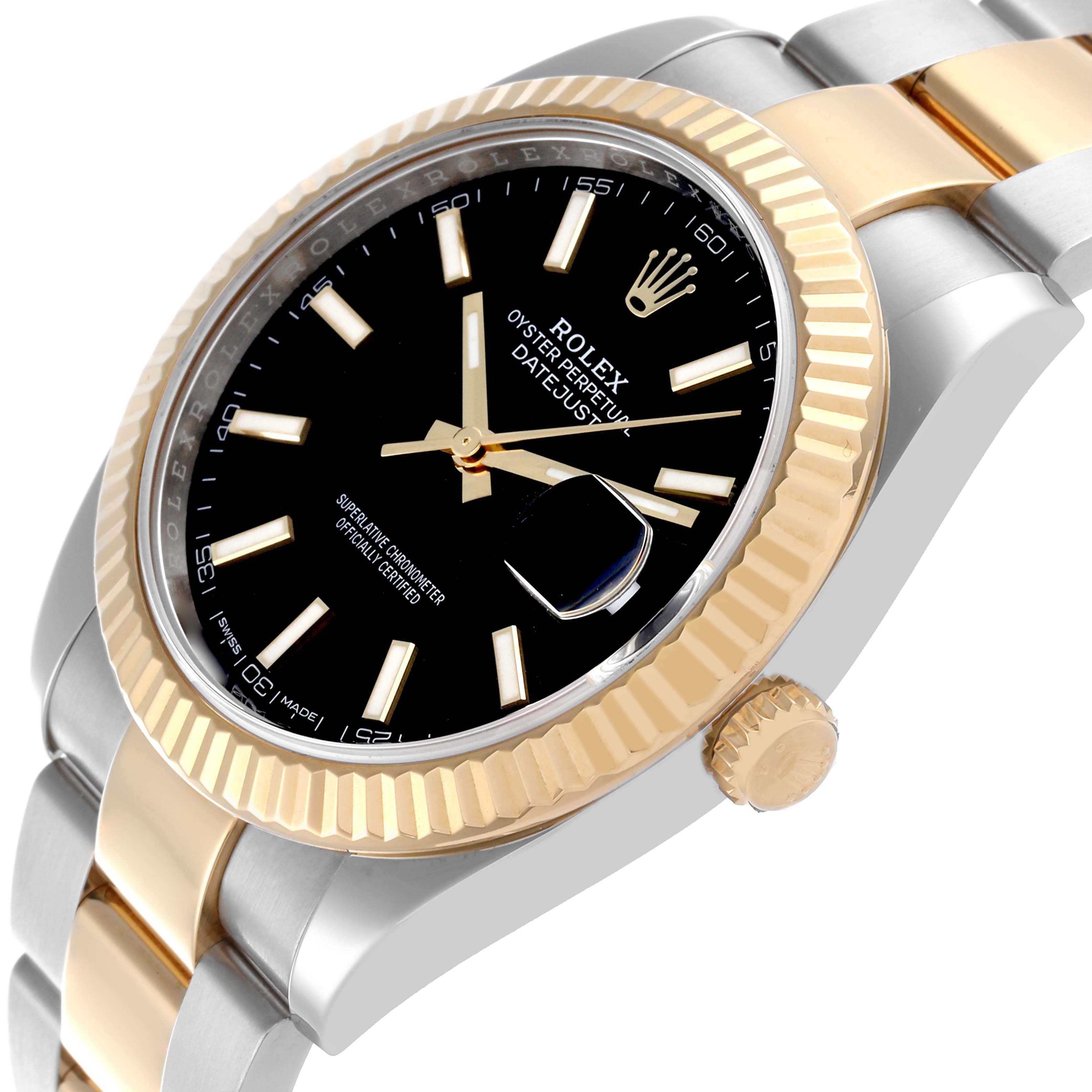 The image shows a Rolex Datejust 41 126333 Men
s Steel and Gold (two tone) Black Dial 126333 Men
s Steel and Gold (two tone) Black Dial at an angled view highlighting its black dial, gold fluted bezel, and two-tone bracelet.