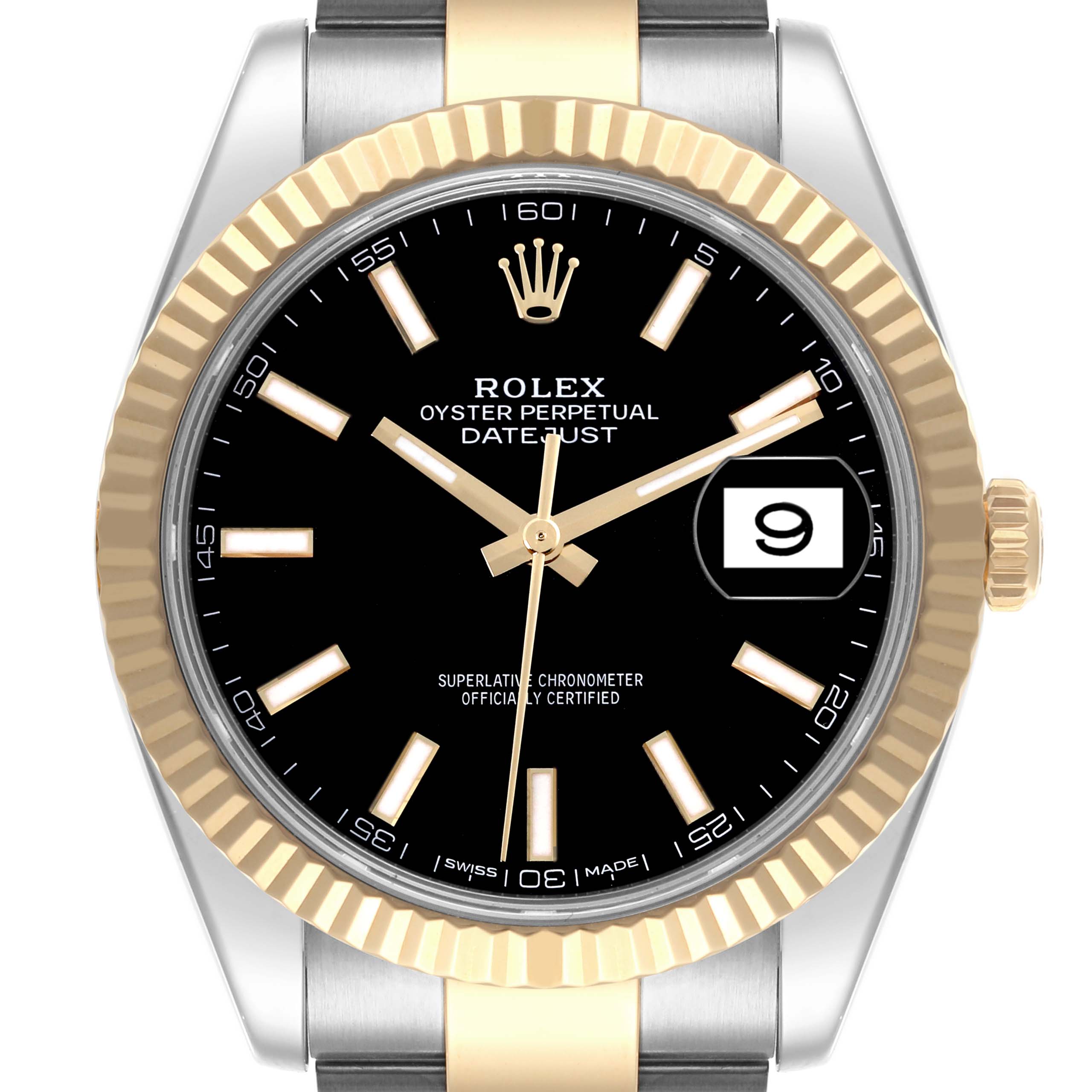 The Rolex Datejust 41 126333 Men
s Steel and Gold (two tone) Black Dial 126333 Men
s Steel and Gold (two tone) Black Dial watch is shown from the front, displaying the dial, hands, date window, and gold fluted bezel.