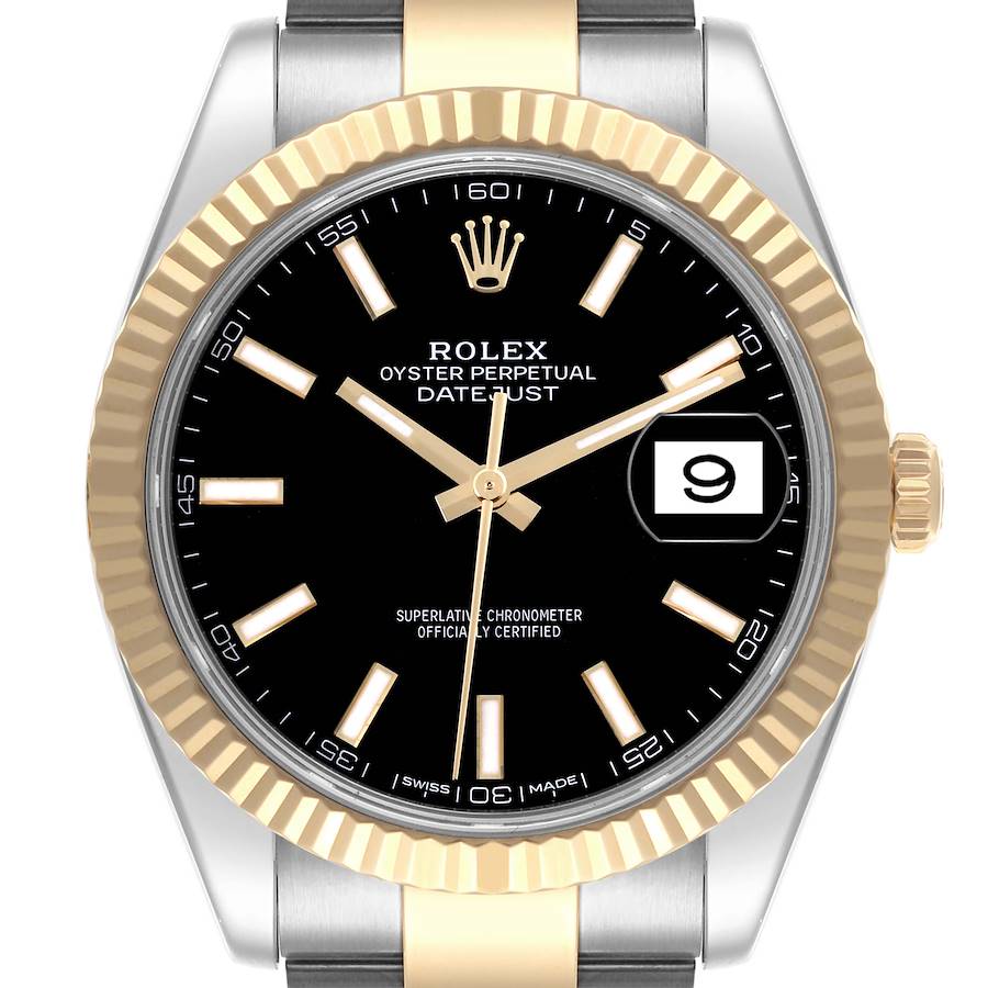 The Rolex Datejust 41 watch is shown from the front, displaying the dial, hands, date window, and gold fluted bezel.