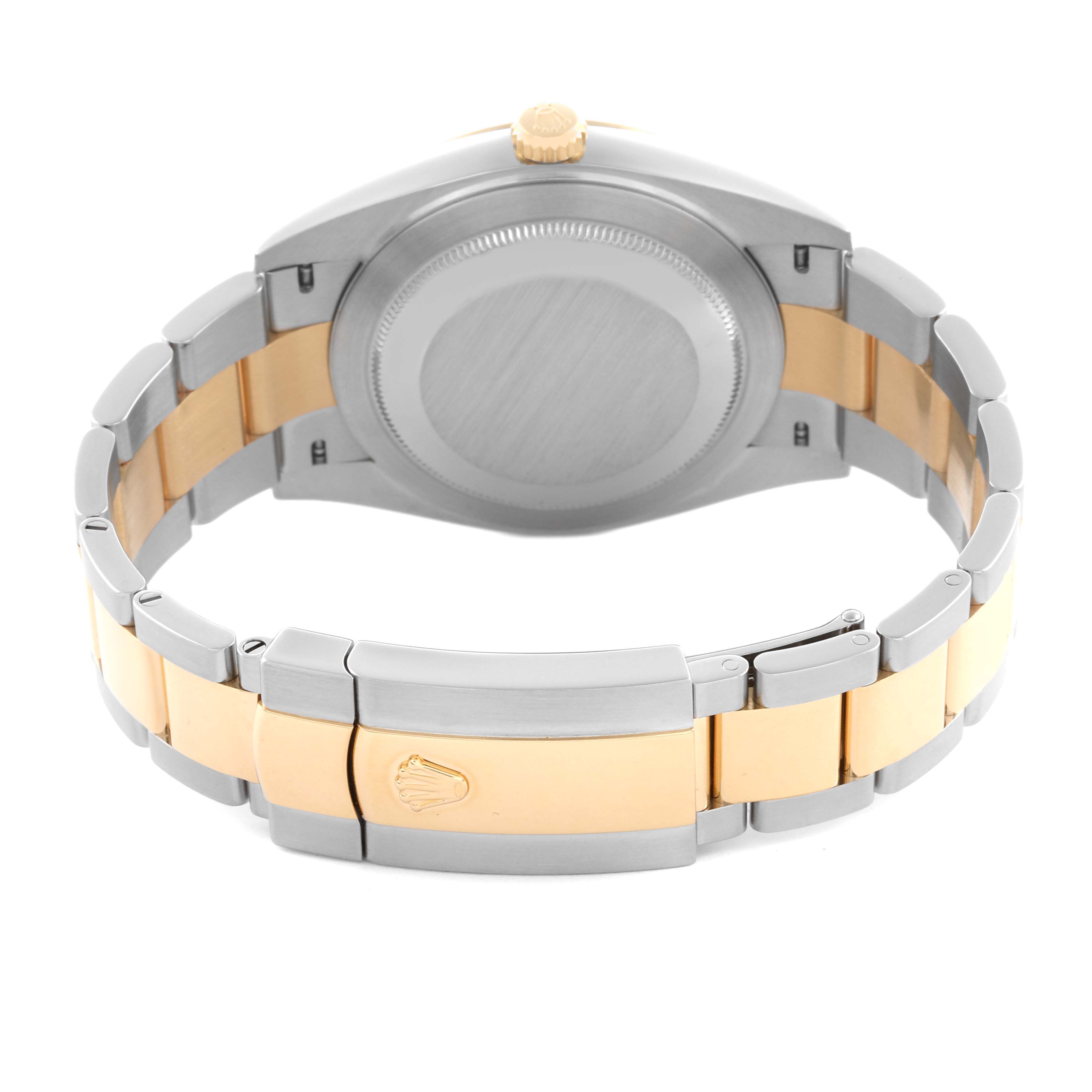 The image shows the back case and bracelet of a Rolex Datejust 41 126333 Men
s Steel and Gold (two tone) Black Dial 126333 Men
s Steel and Gold (two tone) Black Dial, highlighting the clasp and two-tone metal finish.