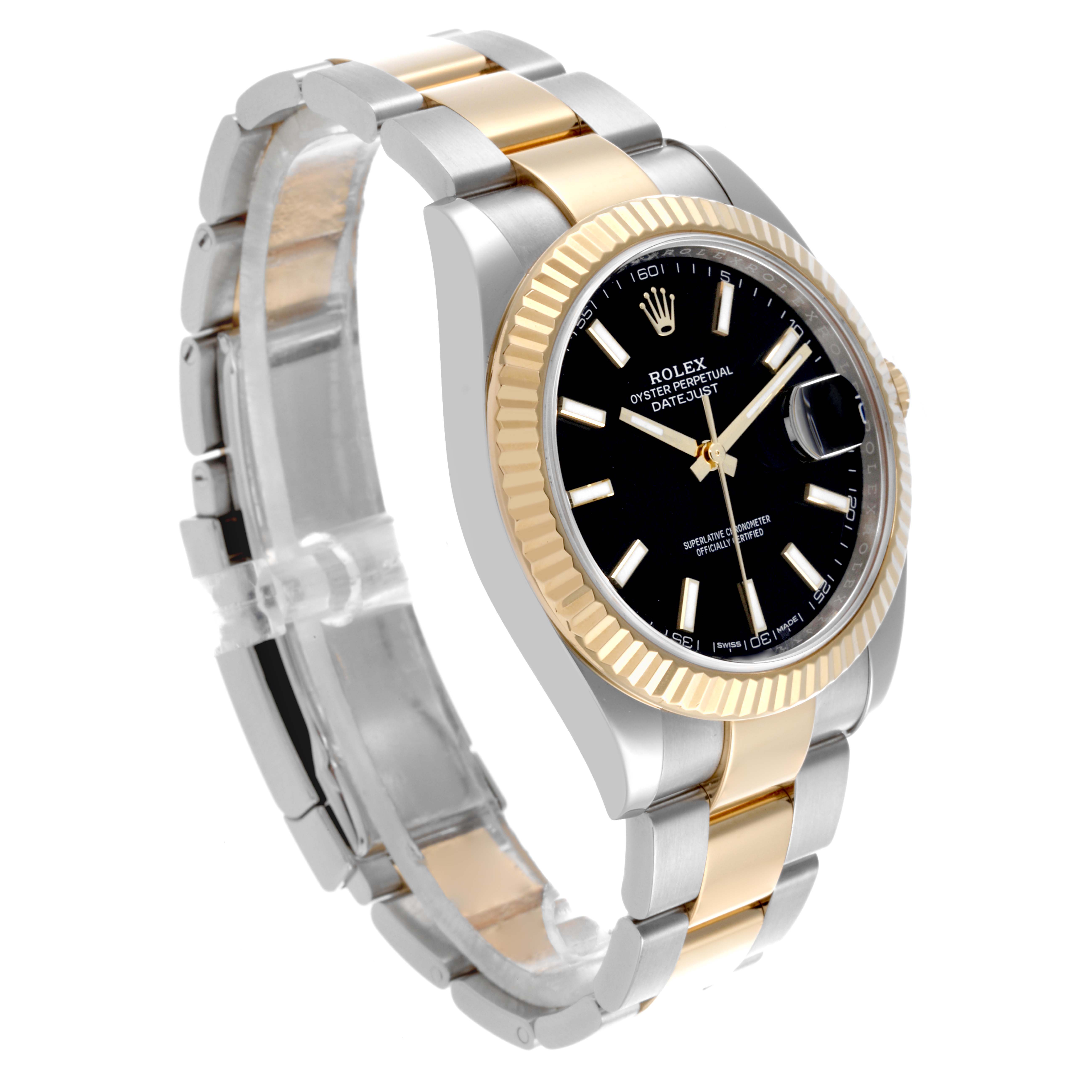 The Rolex Datejust 41 126333 Men
s Steel and Gold (two tone) Black Dial 126333 Men
s Steel and Gold (two tone) Black Dial is shown at an angled side view highlighting the face, bezel, and bracelet.