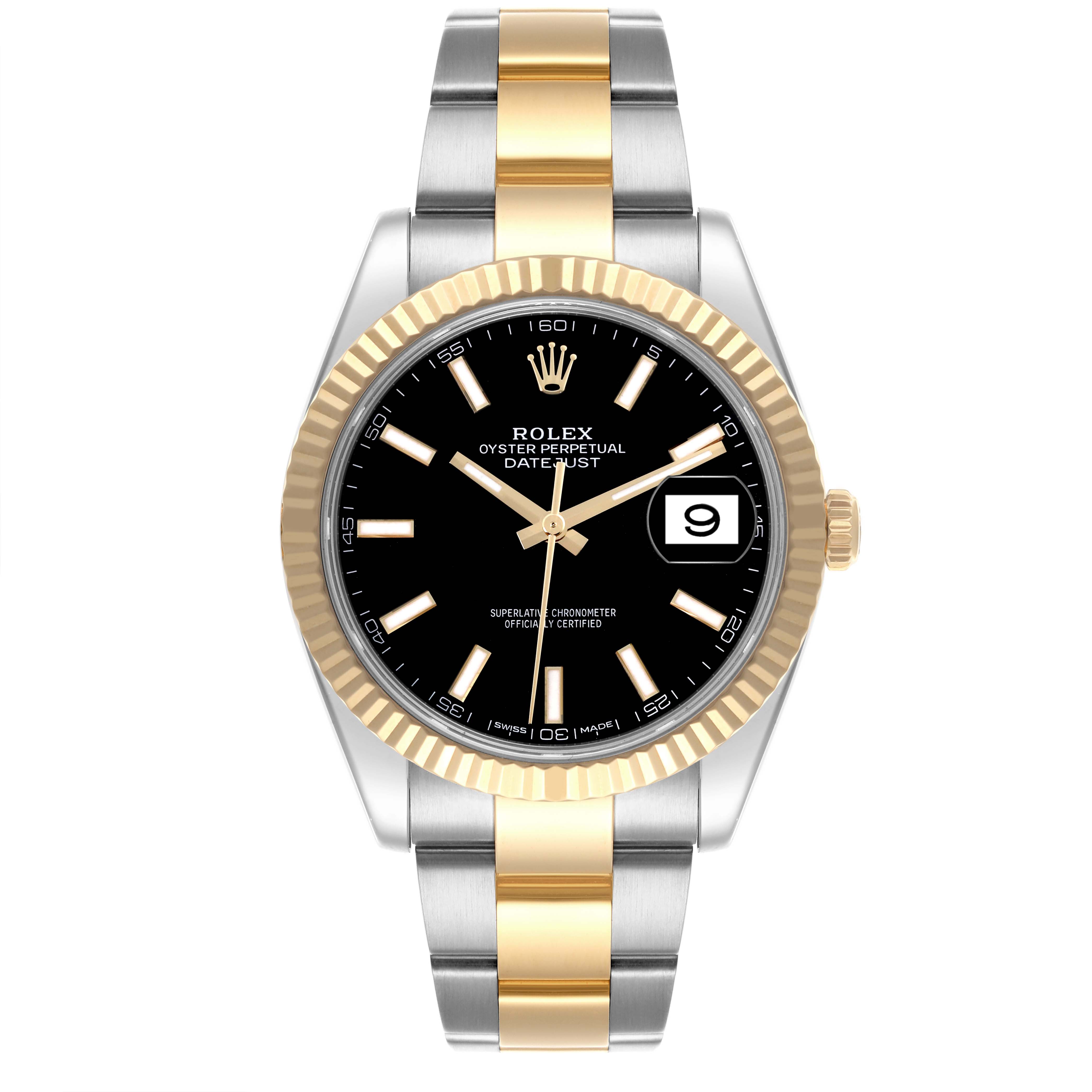 The Rolex Datejust 41 126333 Men
s Steel and Gold (two tone) Black Dial 126333 Men
s Steel and Gold (two tone) Black Dial watch is shown from the front, highlighting its black dial, gold fluted bezel, and two-tone bracelet.