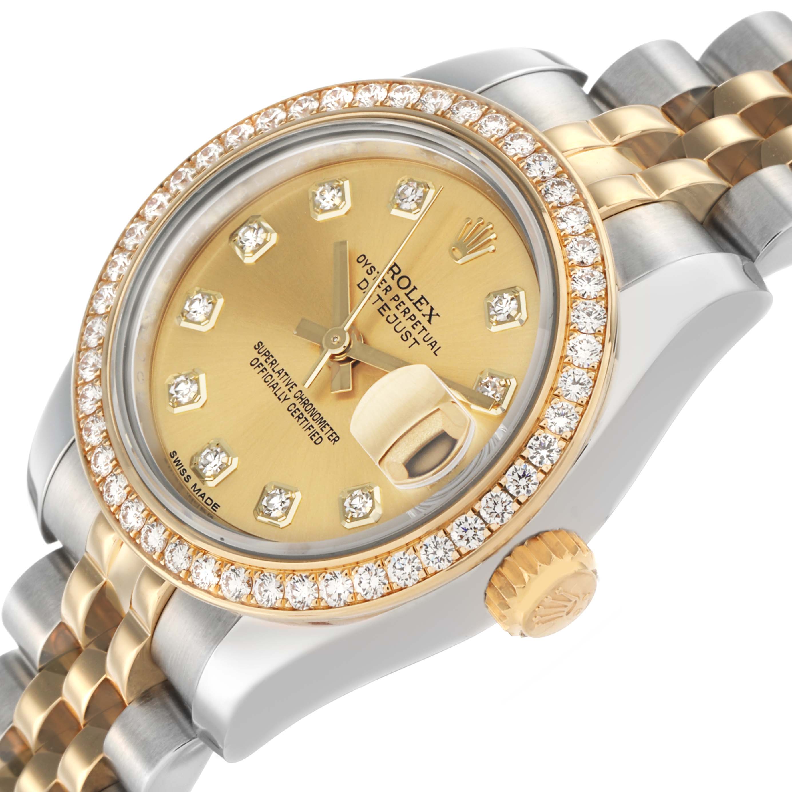 The image shows a Rolex Datejust 179383 Women's Steel and Gold (two tone) Champagne Dial watch at an angle highlighting the bezel, dial, crown, and part of the bracelet.