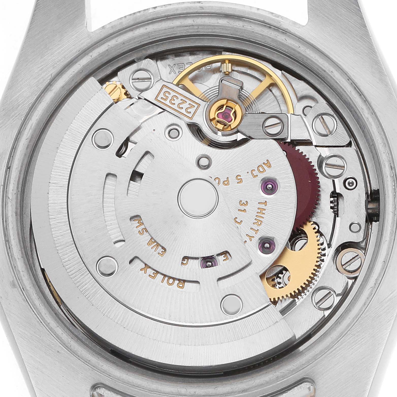 This image shows the internal mechanism of a Rolex Datejust 179383 Women's Steel and Gold (two tone) Champagne Dial watch from the back, revealing gears and the rotor.