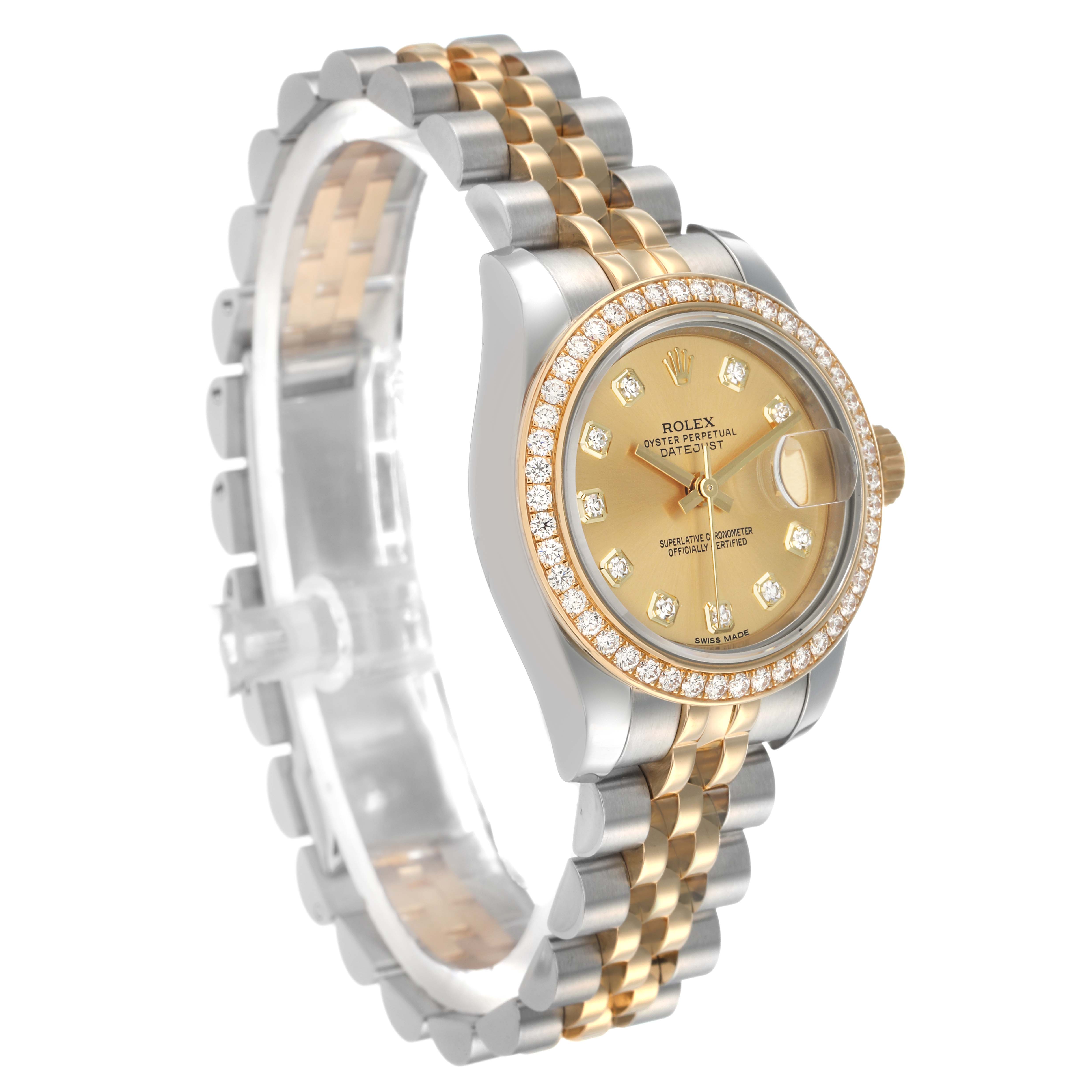 The Rolex Datejust 179383 Women's Steel and Gold (two tone) Champagne Dial is shown at a three-quarter angle, highlighting the face, bracelet, and diamond bezel.