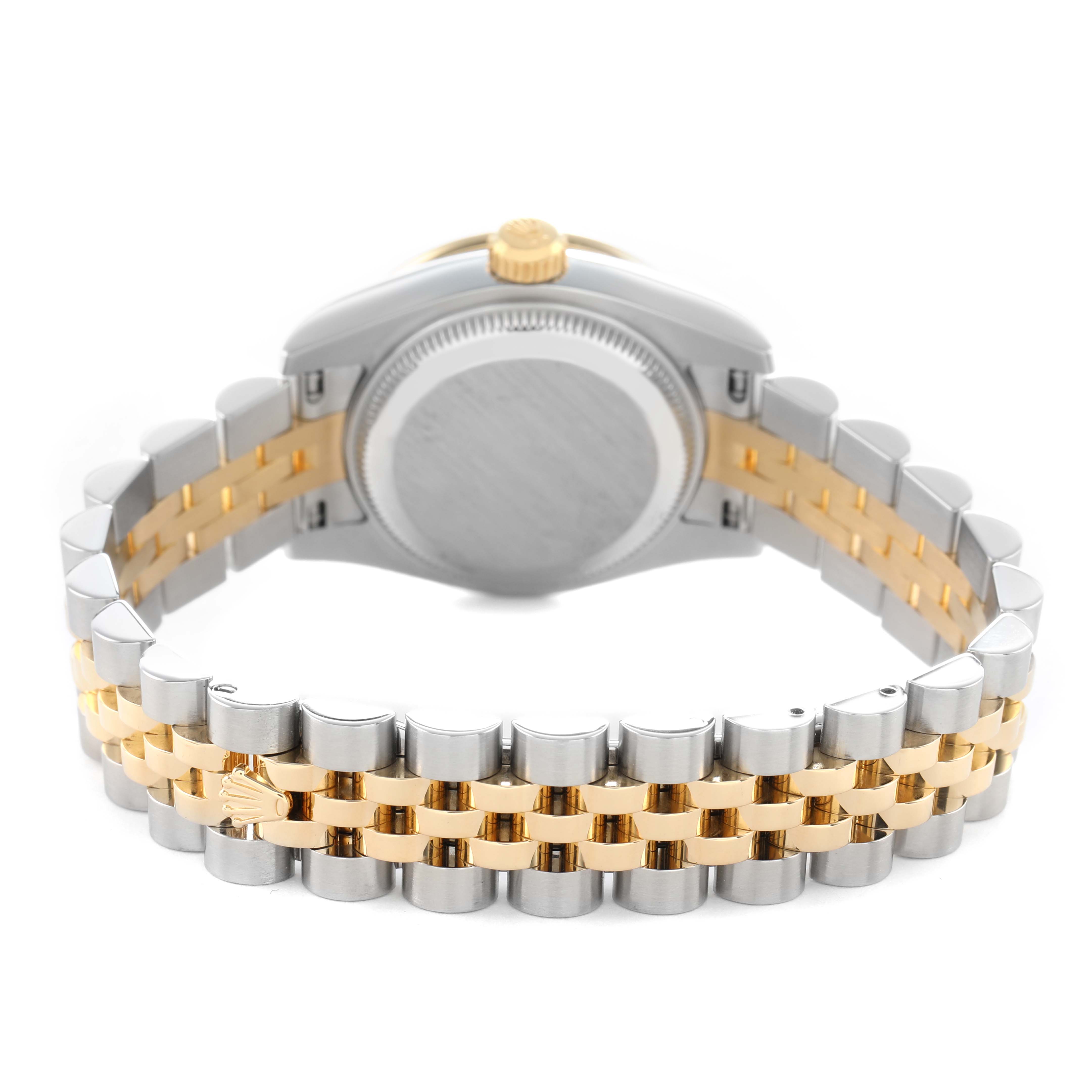 The image shows the back of a Rolex Datejust 179383 Women's Steel and Gold (two tone) Champagne Dial, highlighting the case back and two-tone bracelet with the clasp visible.