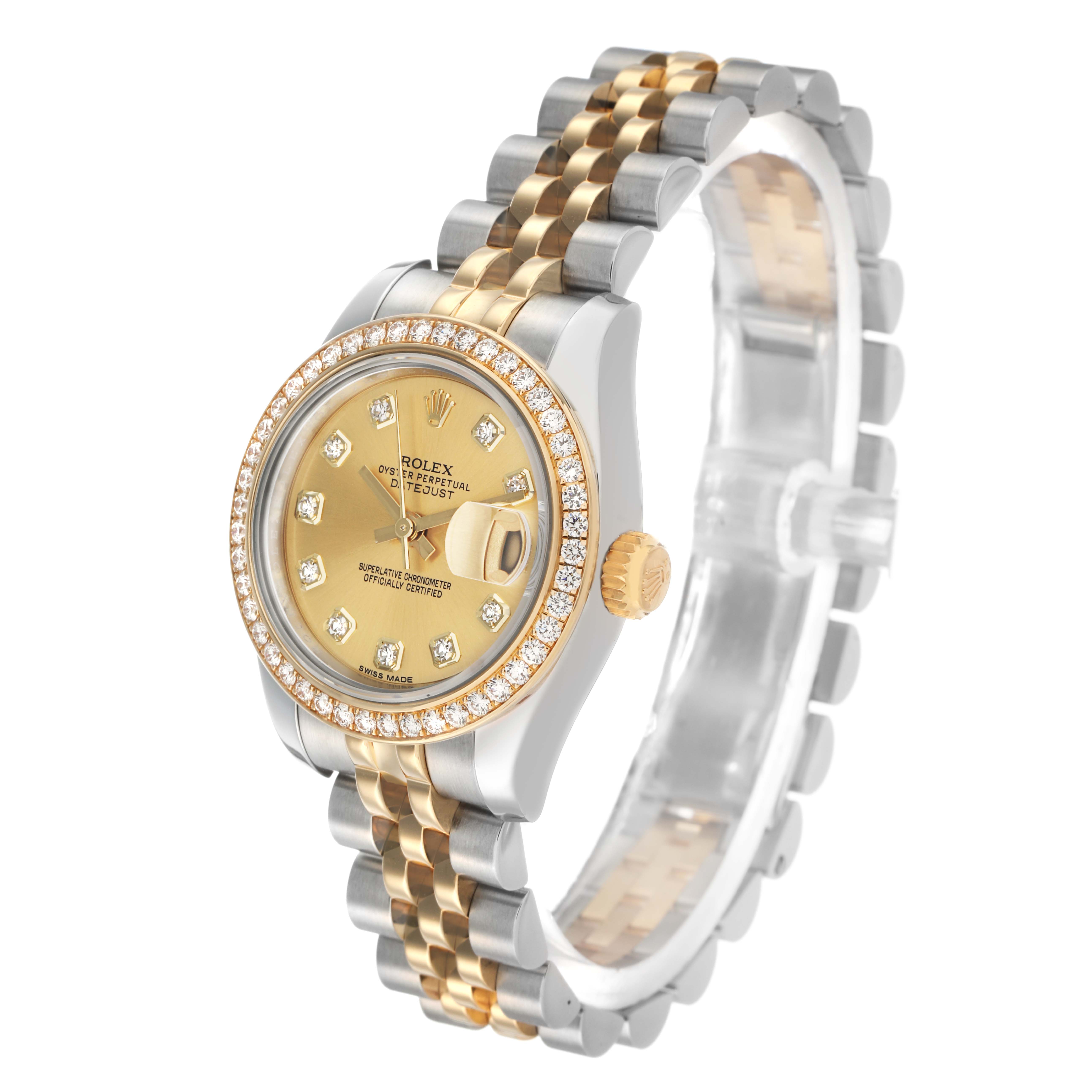 The Rolex Datejust 179383 Women's Steel and Gold (two tone) Champagne Dial watch is shown at an angle displaying the dial, diamond-studded bezel, crown, and two-tone bracelet.