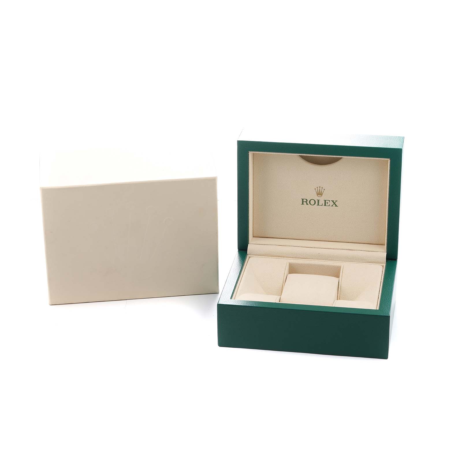 The image shows a Rolex Datejust 179383 Women's Steel and Gold (two tone) Champagne Dial watch box from an angled view, displaying the open green and beige interior and a closed outer box.