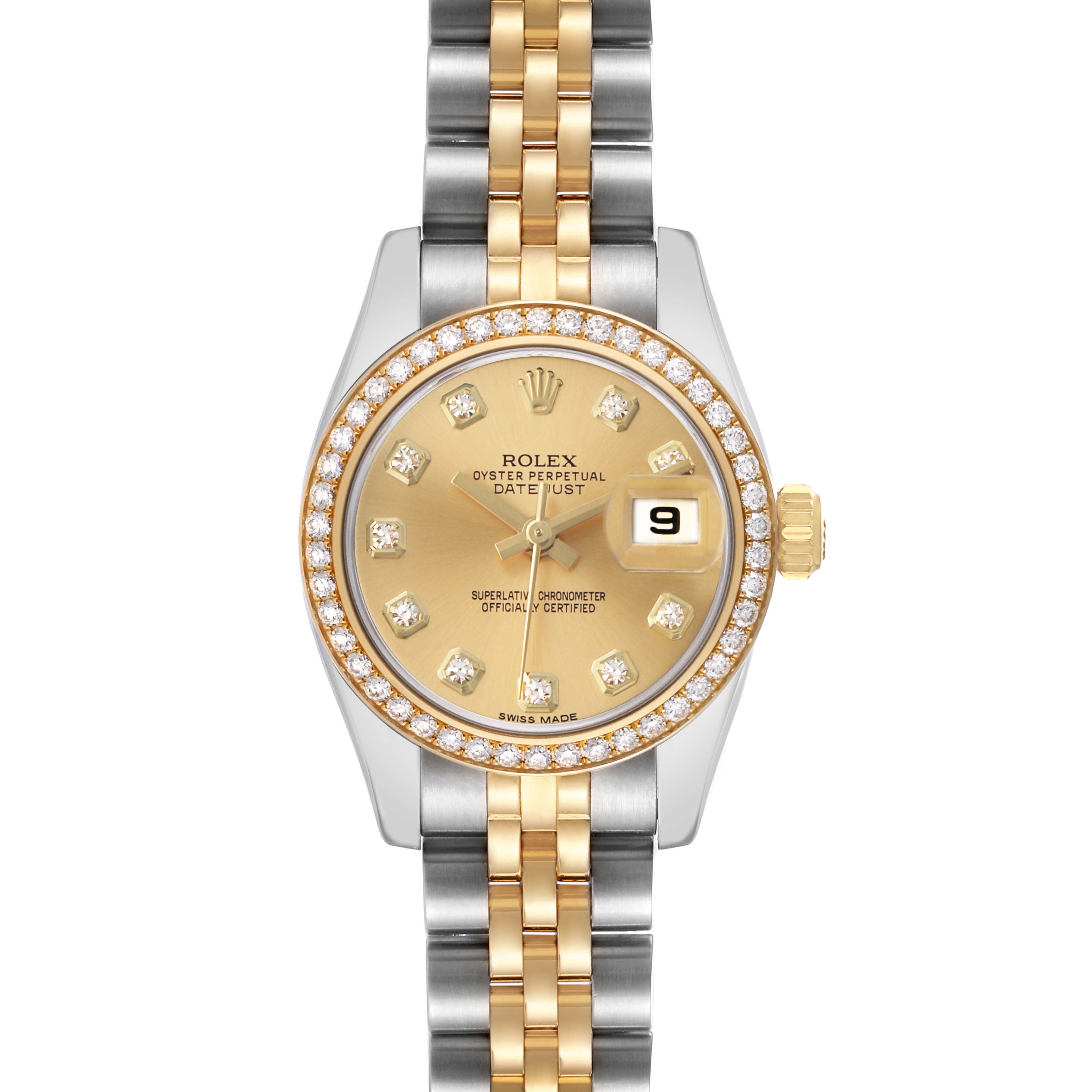 The Rolex Datejust 179383 Women's Steel and Gold (two tone) Champagne Dial watch is shown from the front, displaying the dial, bezel, and part of the bracelet.