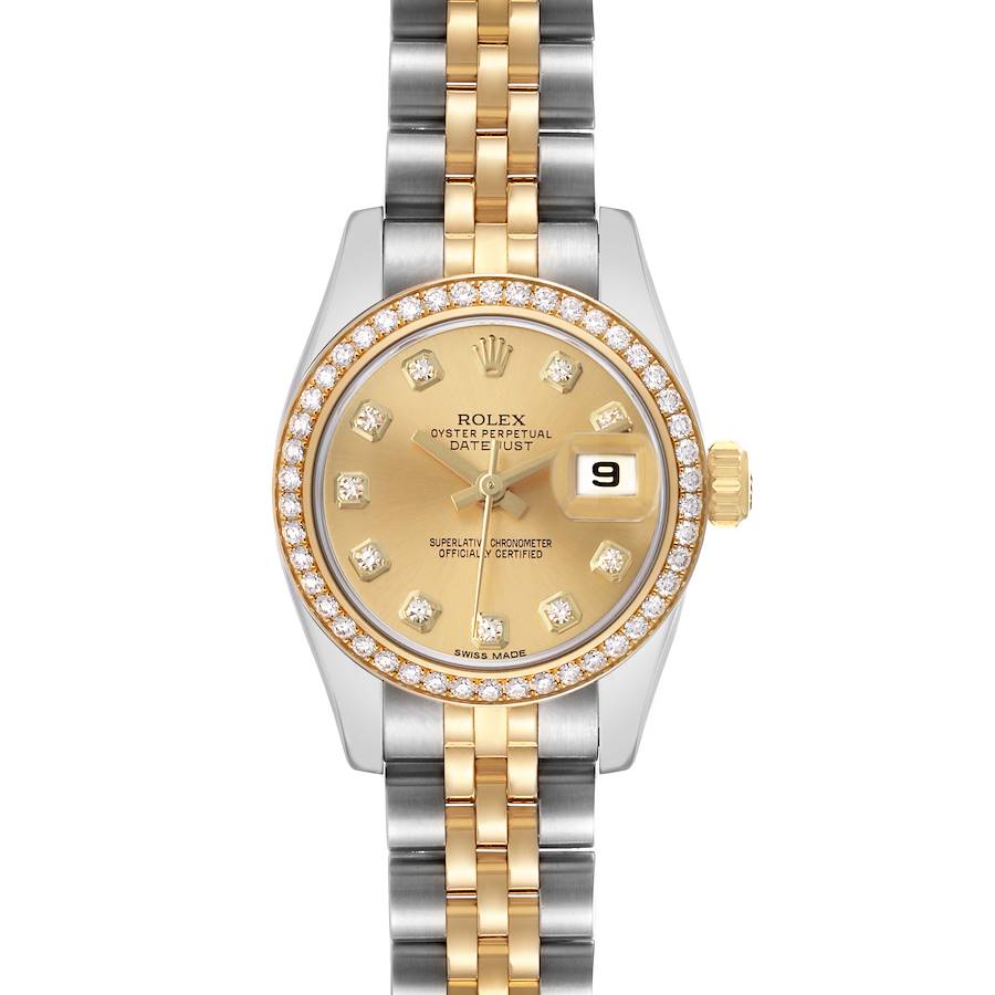 The Rolex Datejust 179383 Women's Steel and Gold (two tone) Champagne Dial watch is shown from the front, displaying the dial, bezel, and part of the bracelet.