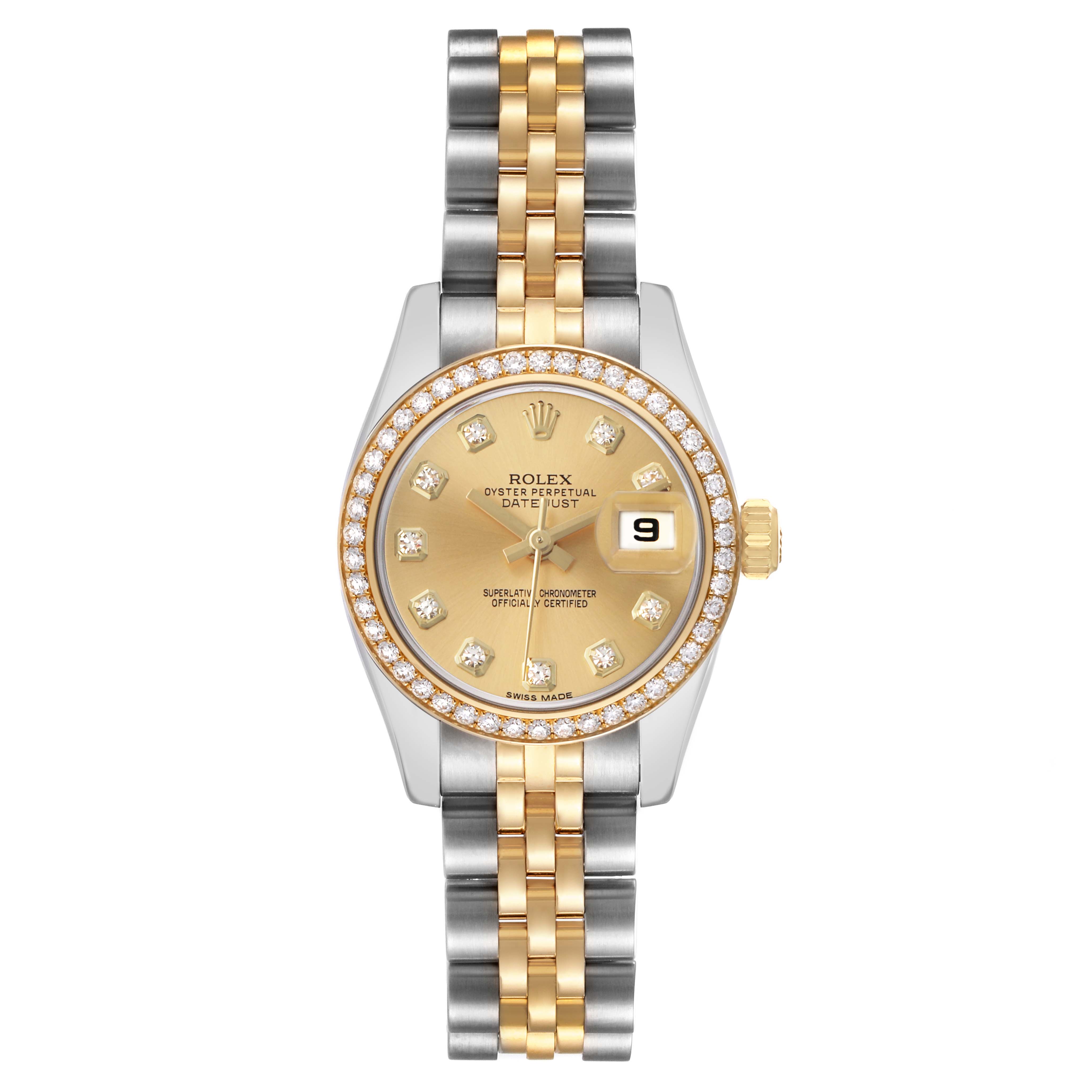 The Rolex Datejust 179383 Women's Steel and Gold (two tone) Champagne Dial watch is shown from a frontal angle, displaying the dial, bezel, and two-tone bracelet clearly.
