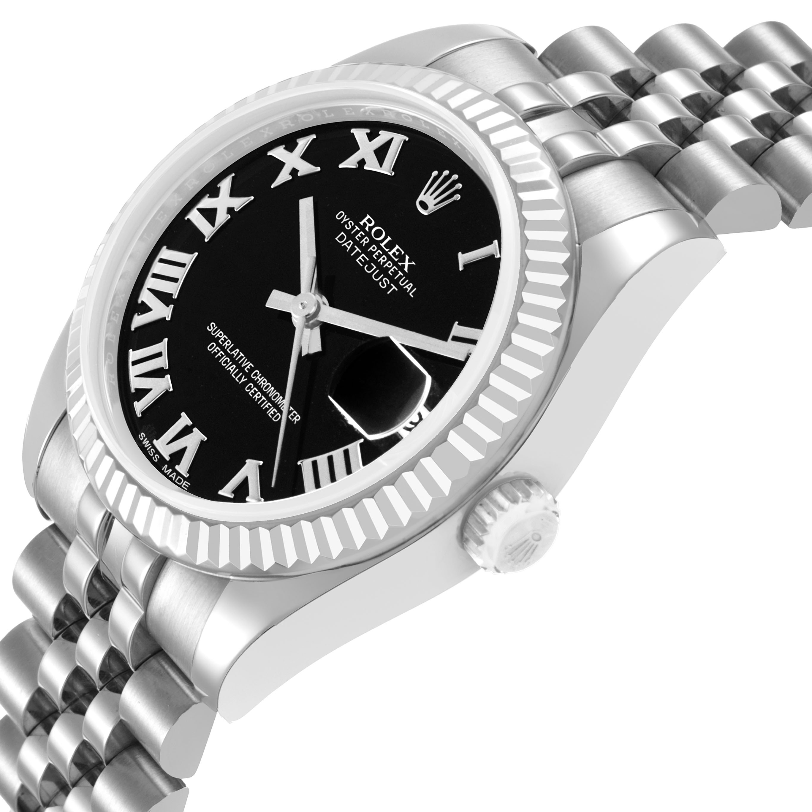 The Rolex Datejust 178274 Women's Steel and Gold (two tone) Black Dial watch is shown from a side angle, highlighting its black dial, fluted bezel, and Jubilee bracelet.