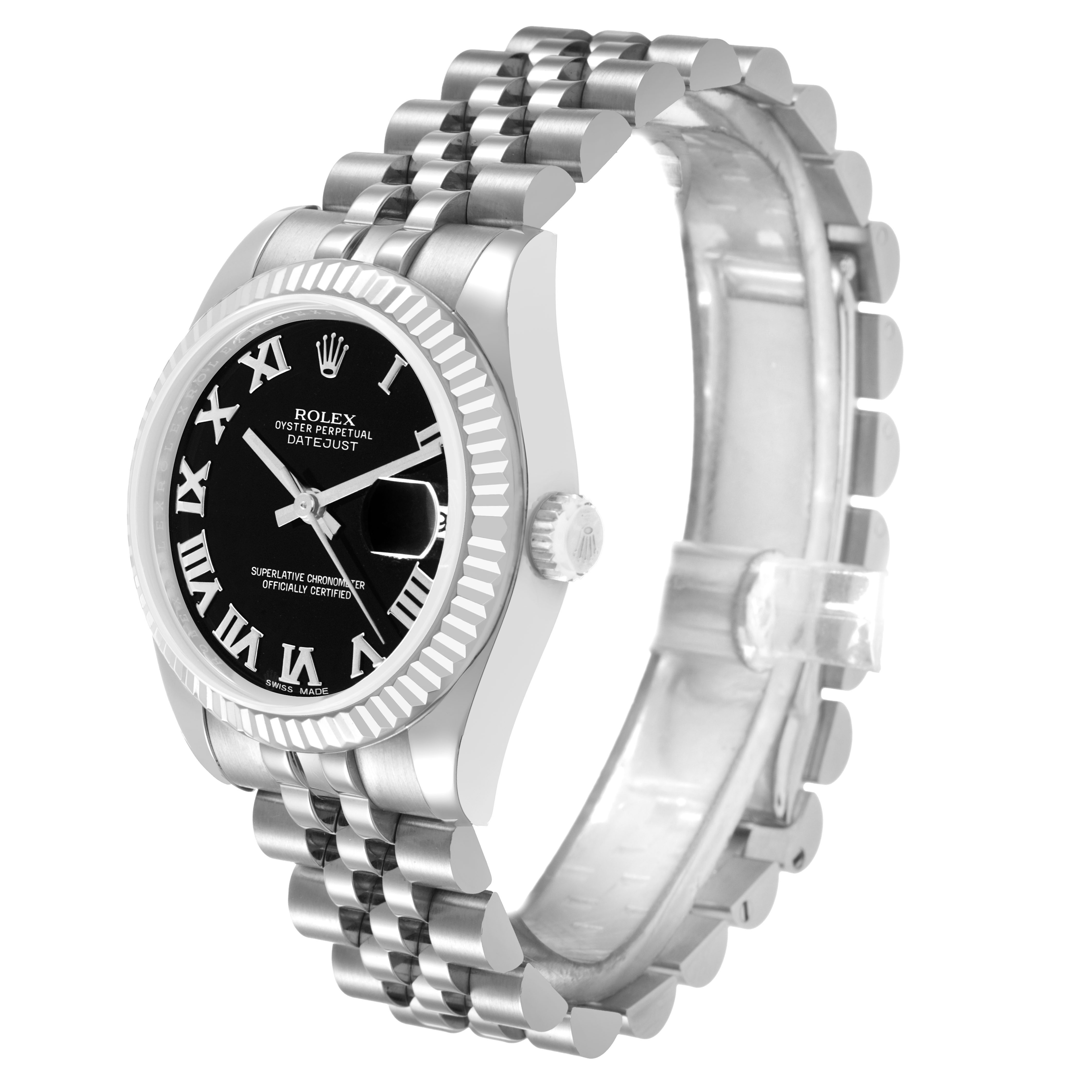 The Rolex Datejust 178274 Women's Steel and Gold (two tone) Black Dial watch is shown from a side angle highlighting the face, bezel, crown, and part of the Jubilee bracelet.