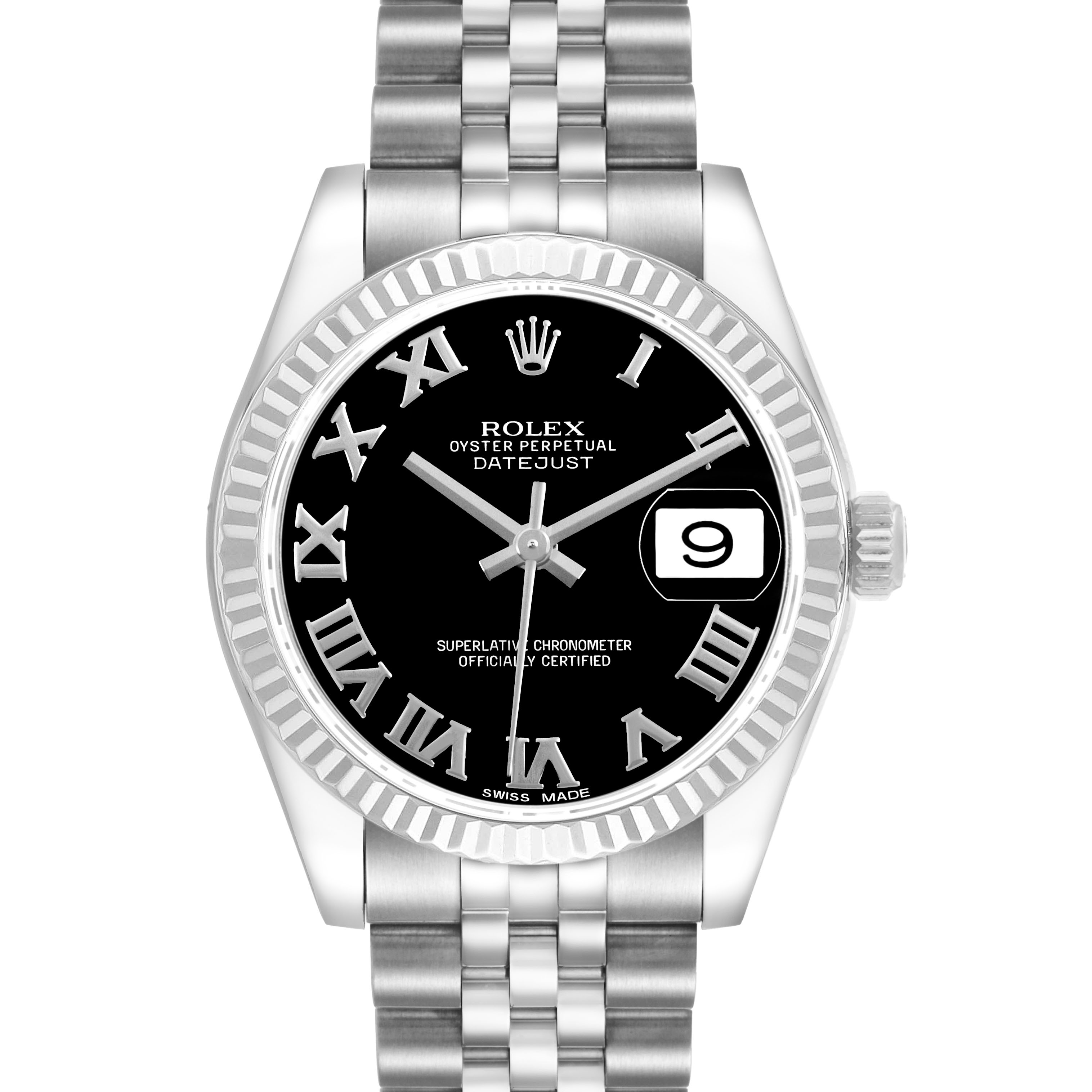 The Rolex Datejust 178274 Women's Steel and Gold (two tone) Black Dial watch is shown from a front angle, highlighting its black dial, Roman numerals, fluted bezel, and Jubilee bracelet.