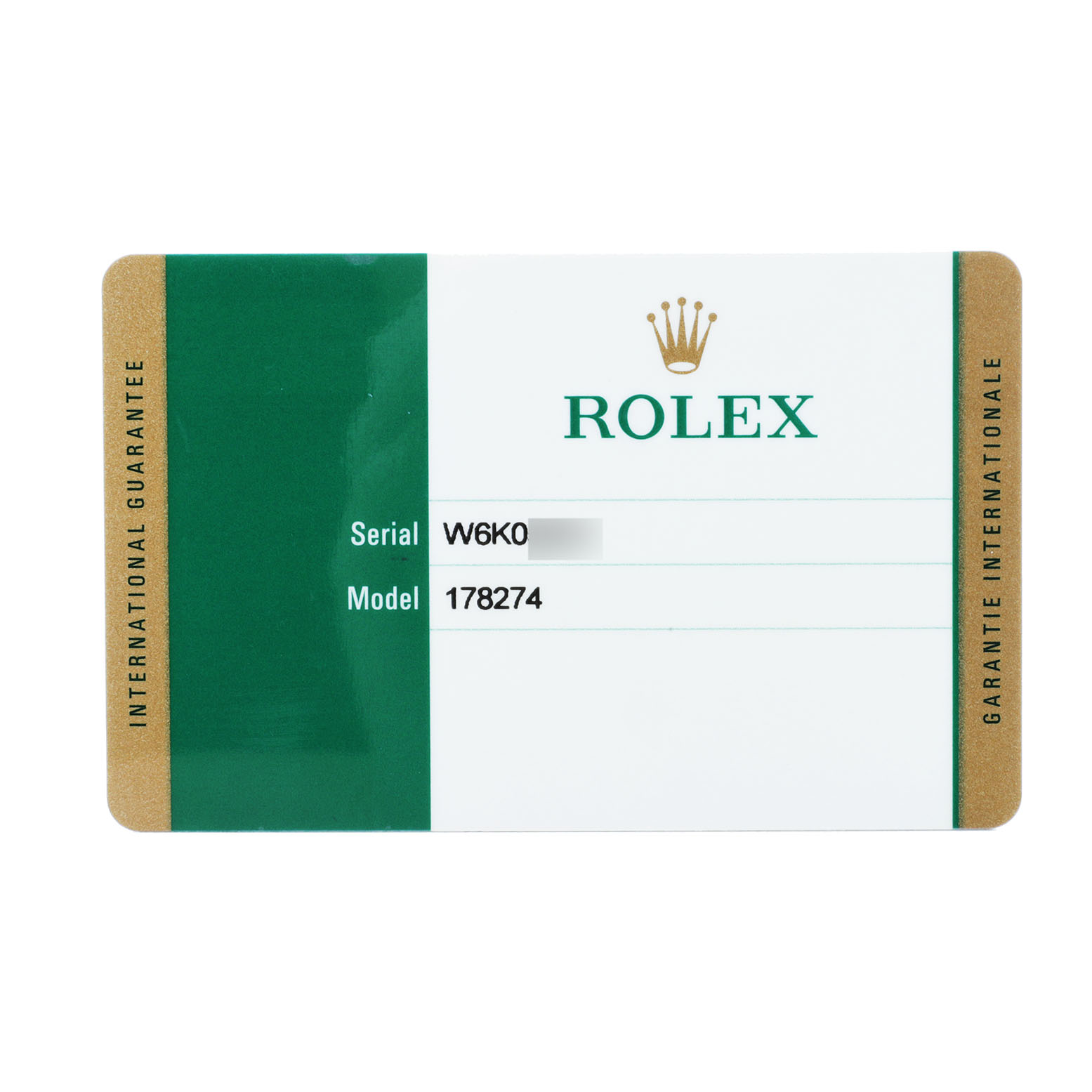 The image shows a Rolex Datejust 178274 Women's Steel and Gold (two tone) Black Dial warranty card, displaying the model and serial numbers.