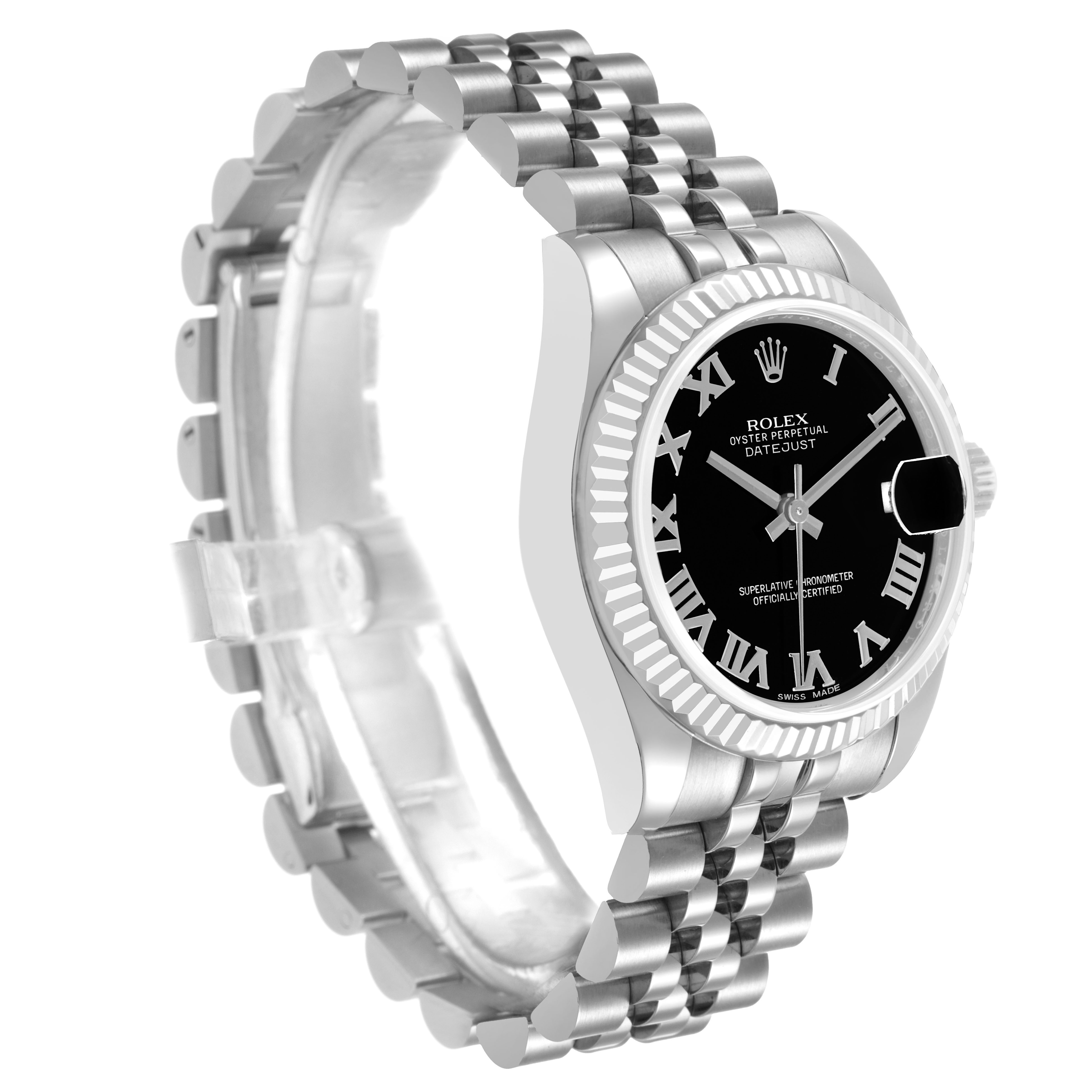 The Rolex Datejust 178274 Women's Steel and Gold (two tone) Black Dial watch is shown at an angled side view, displaying the bracelet, bezel, dial, and crown.