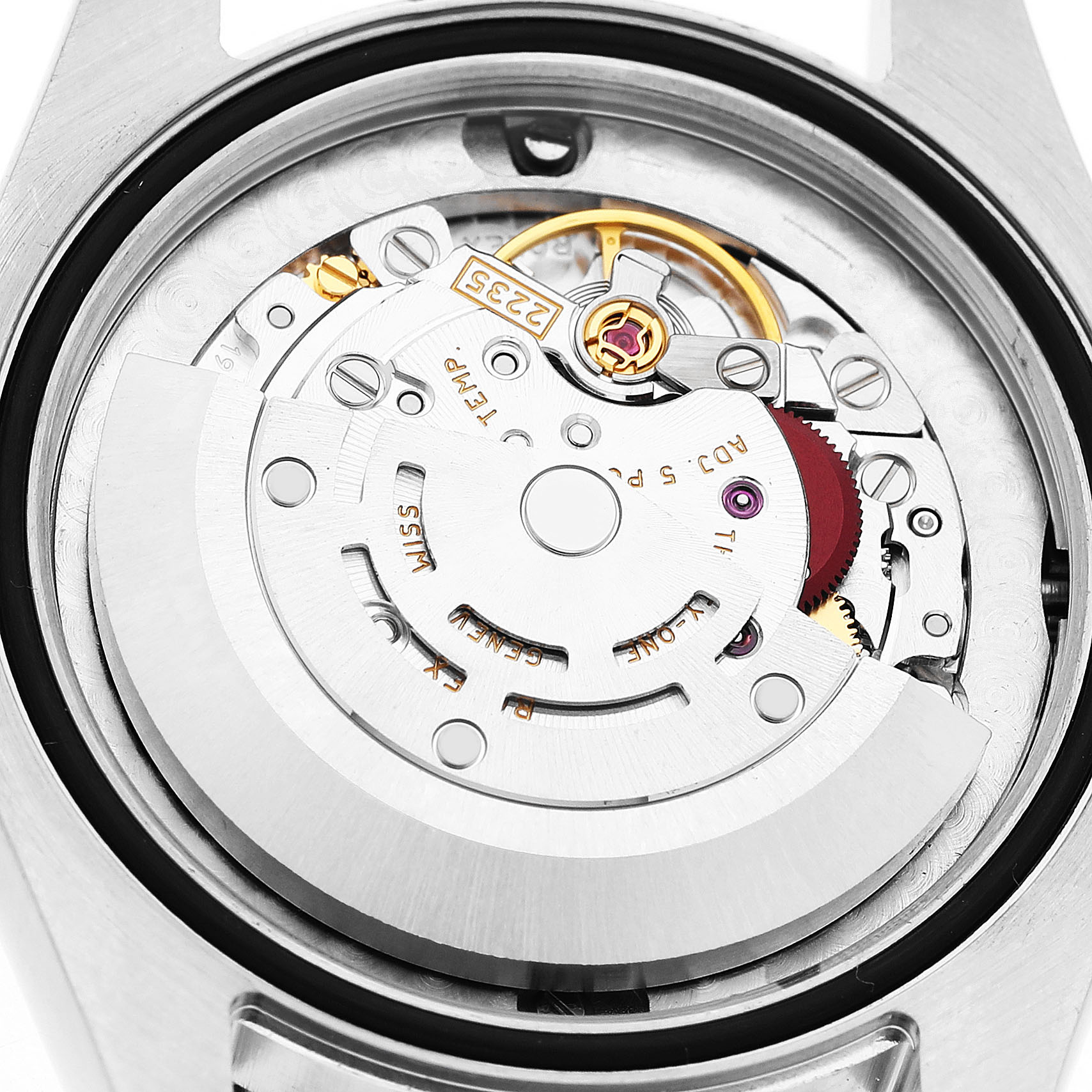 The image shows the movement and inner mechanism of a Rolex Datejust 178274 Women's Steel and Gold (two tone) Black Dial watch from a backside angle.