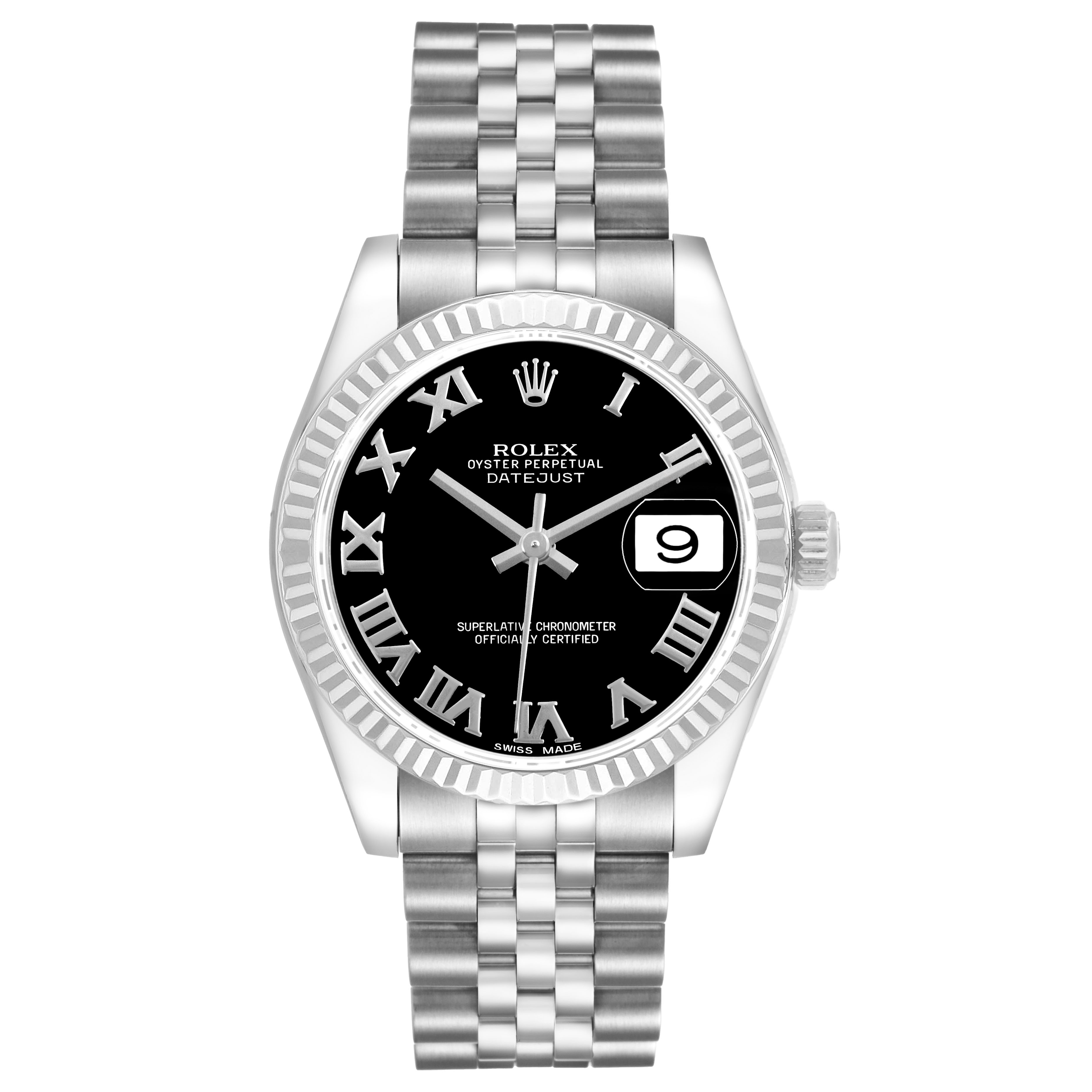 The Rolex Datejust 178274 Women's Steel and Gold (two tone) Black Dial watch is shown from a front angle, highlighting the dial, bezel, and bracelet.