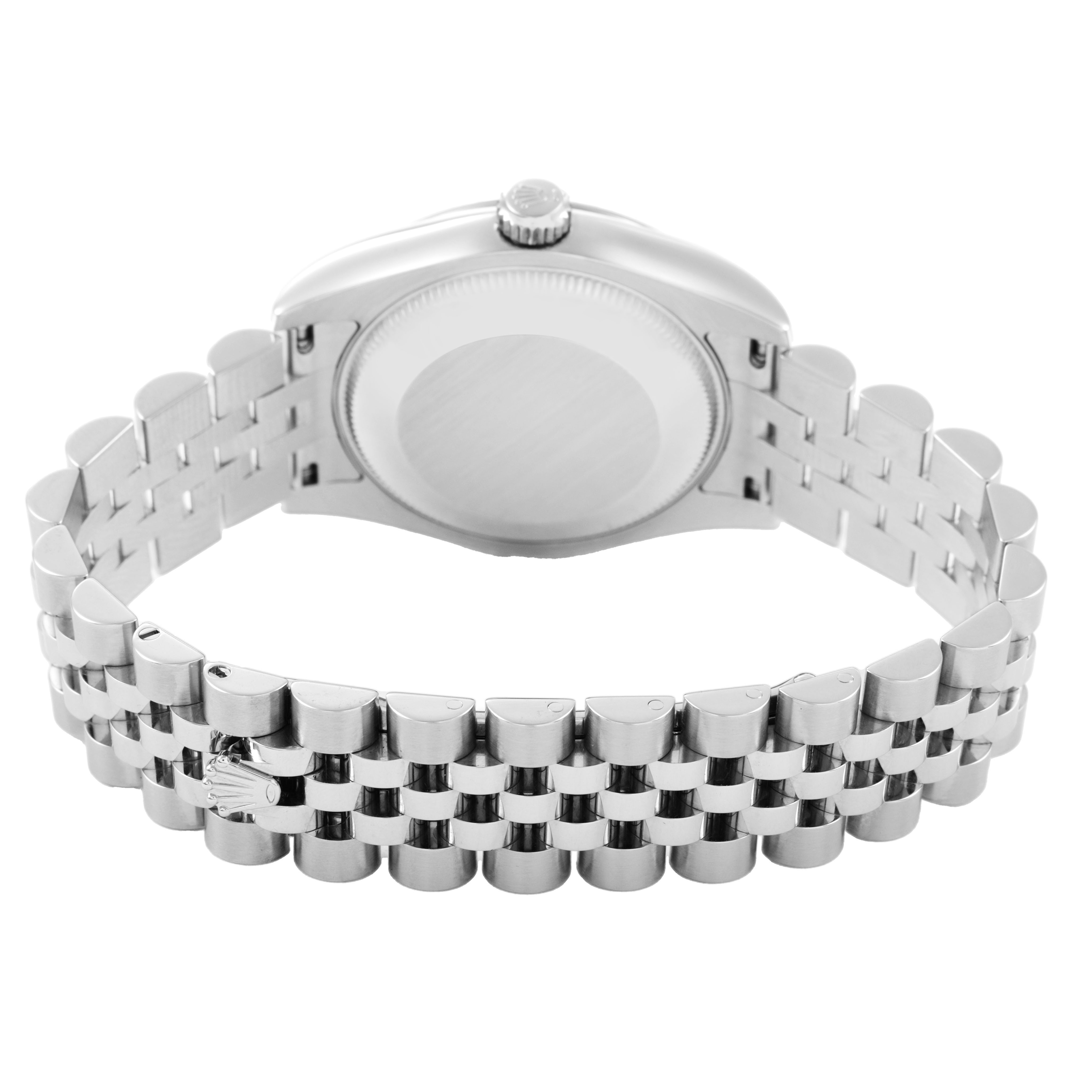 The image shows the back and bracelet of a Rolex Datejust 178274 Women's Steel and Gold (two tone) Black Dial watch, highlighting the clasp and case back design.