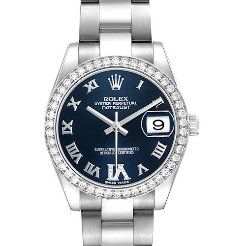 The Rolex Mid-Size 178384 Women's Stainless Steel Blue Dial model is shown from the front, highlighting the dial, bezel, and bracelet.