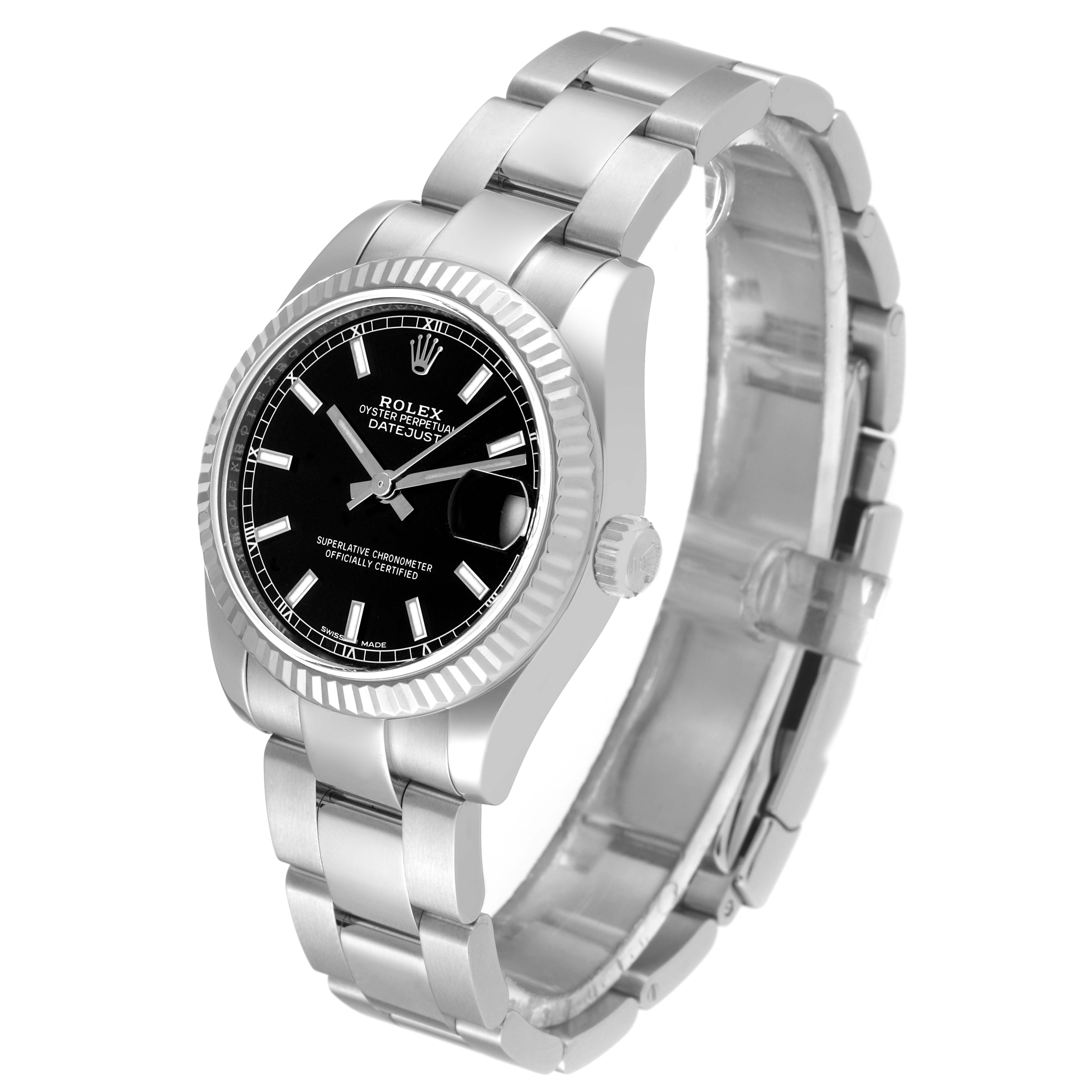 This image shows a Rolex Mid-Size 178274 Women's Stainless Steel Black Dial 178274 Women's Stainless Steel Black Dial Datejust watch from an angled front perspective, highlighting the dial, case, and bracelet.