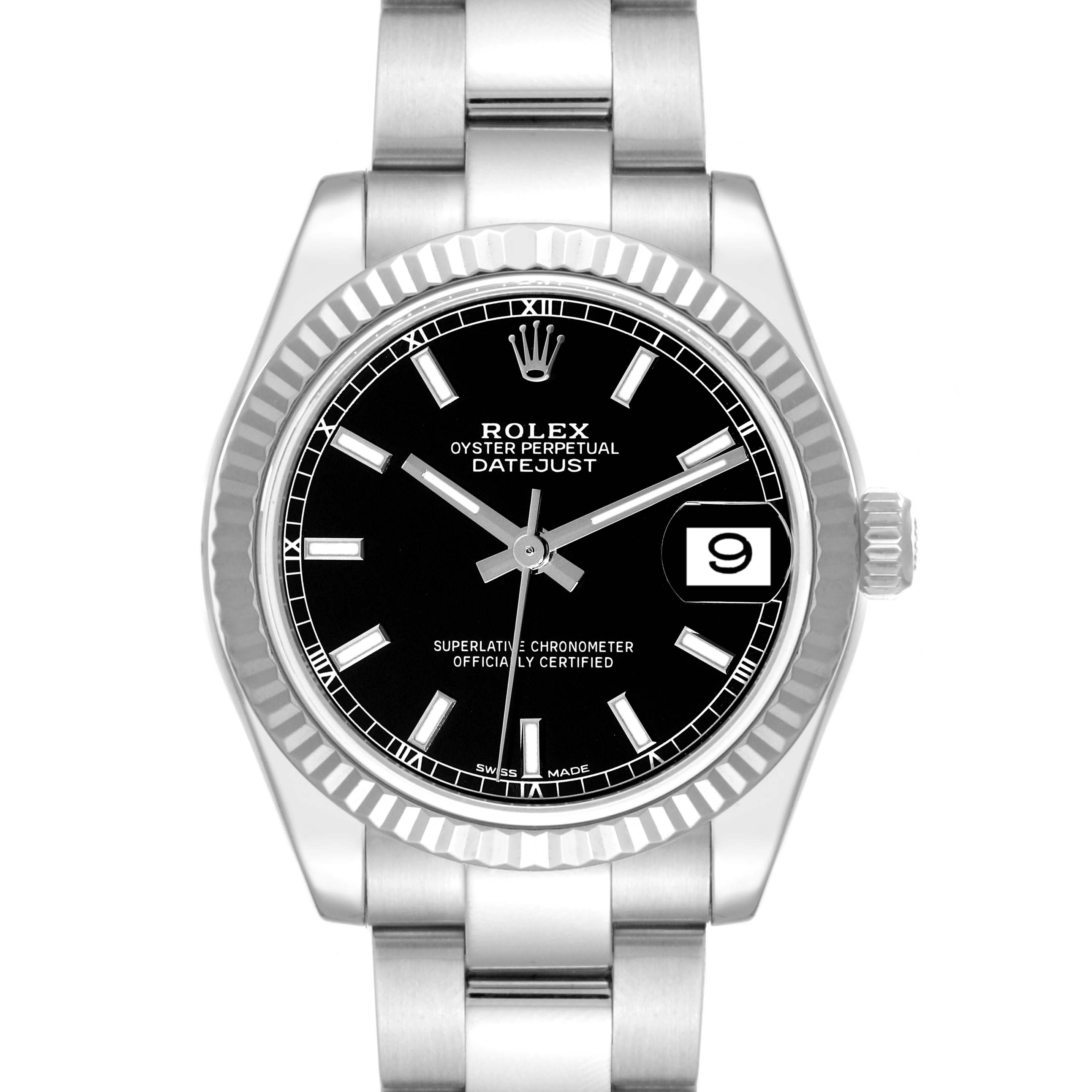 The image shows a front view of the Rolex Mid-Size 178274 Women's Stainless Steel Black Dial 178274 Women's Stainless Steel Black Dial Datejust watch, displaying its black dial, date window, and stainless steel bracelet.