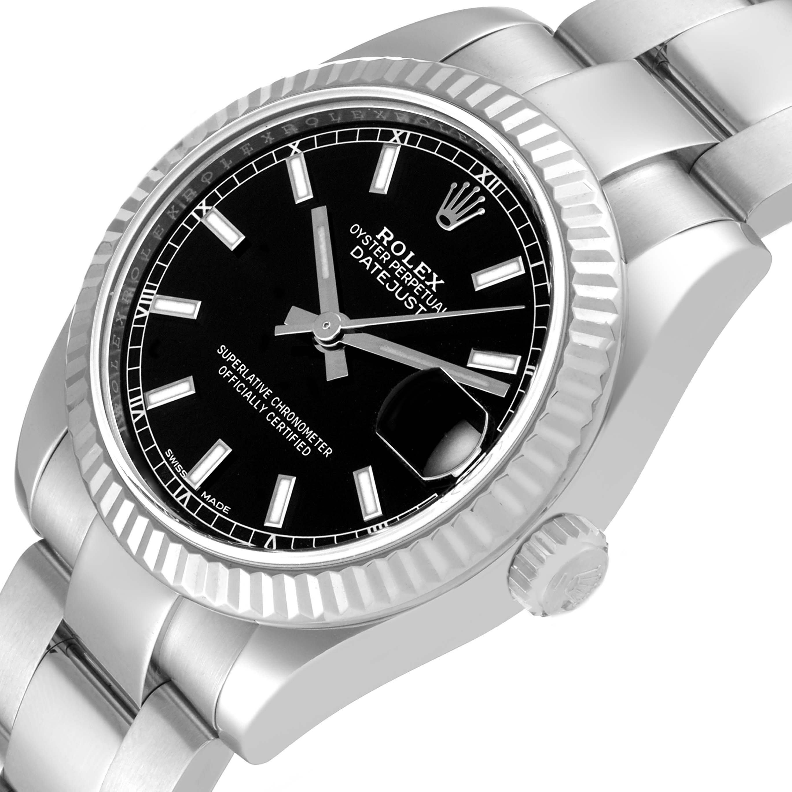 The image shows a top-side angle of a Rolex Mid-Size 178274 Women's Stainless Steel Black Dial 178274 Women's Stainless Steel Black Dial Datejust watch, highlighting the dial, bezel, crown, and part of the bracelet.
