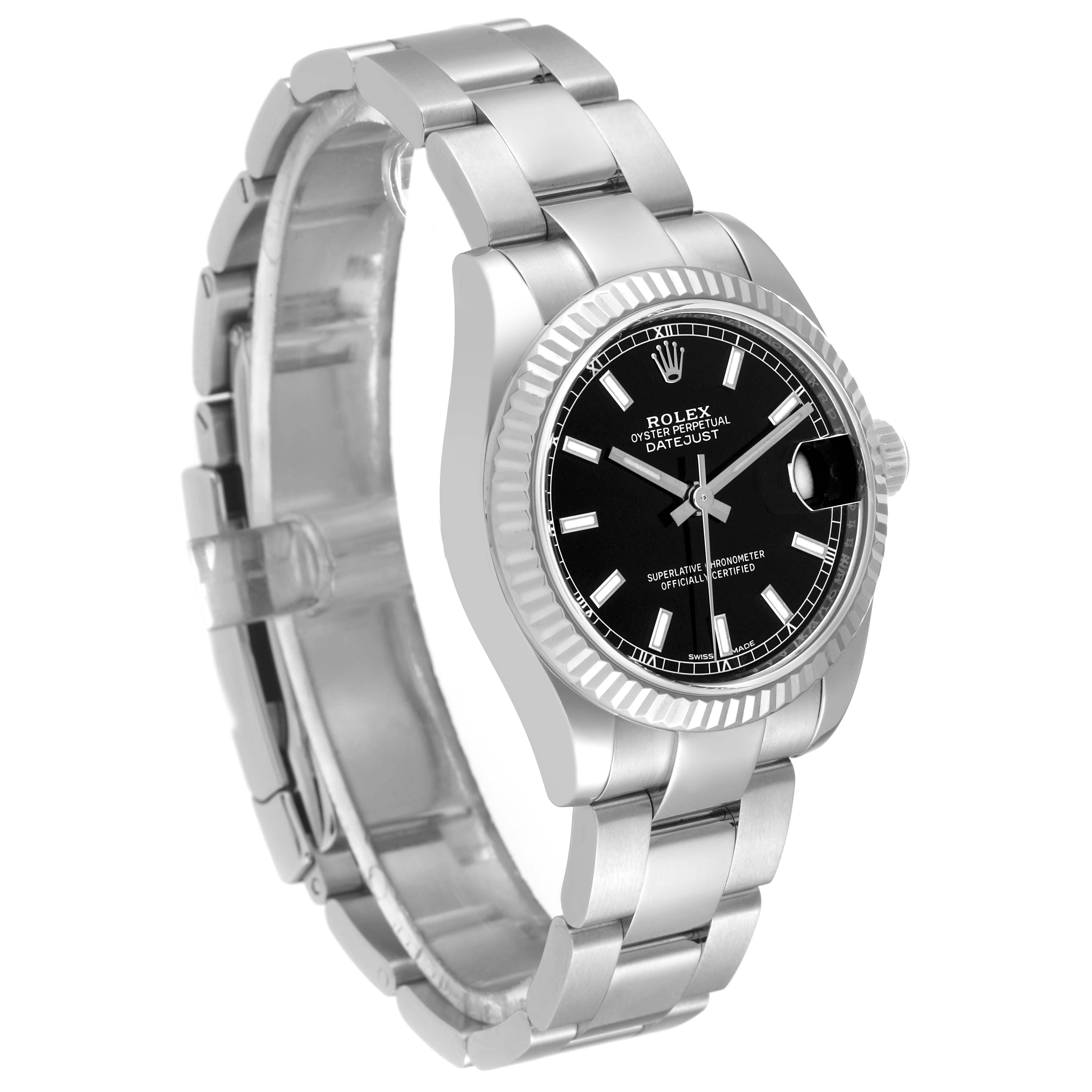 This image shows a Mid-Size Rolex Datejust watch from a three-quarter angle, highlighting its black dial and stainless steel bracelet.