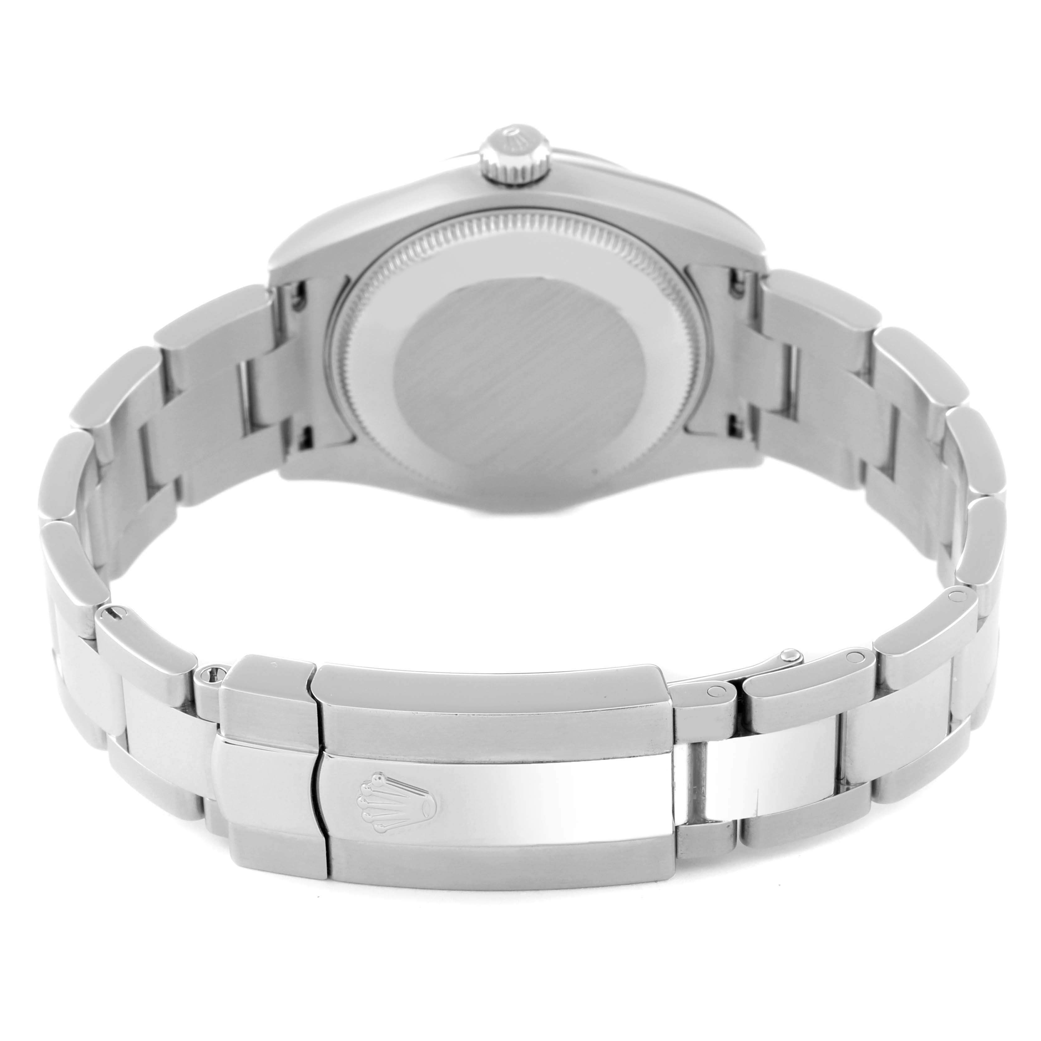 The image shows the back view of a Rolex Mid-Size 178274 Women's Stainless Steel Black Dial 178274 Women's Stainless Steel Black Dial watch, highlighting the case back and metal bracelet with clasp.