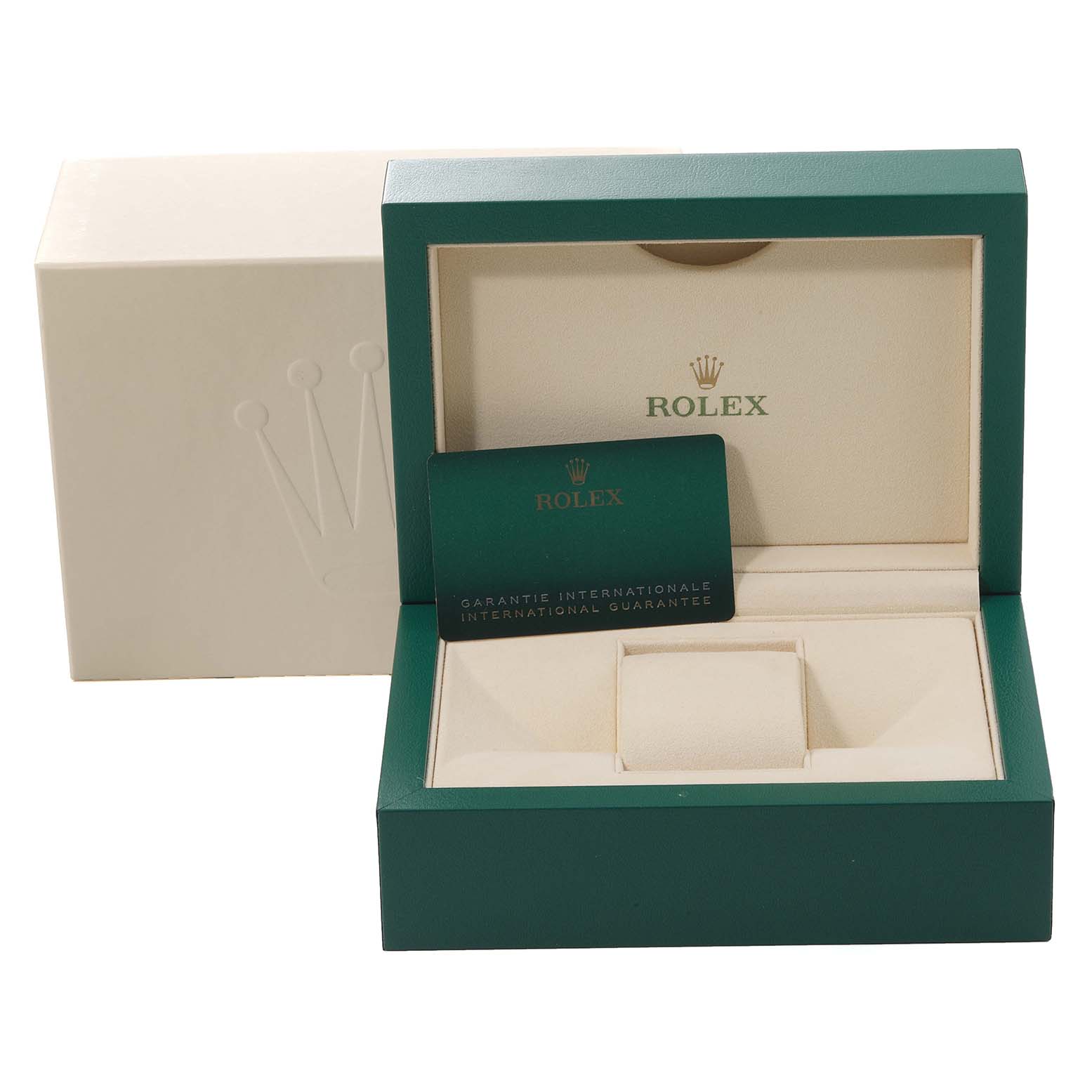 The image shows an open Rolex Mid-Size 178274 Women's Stainless Steel Black Dial 178274 Women's Stainless Steel Black Dial watch box at an angle, with the international guarantee card inside.