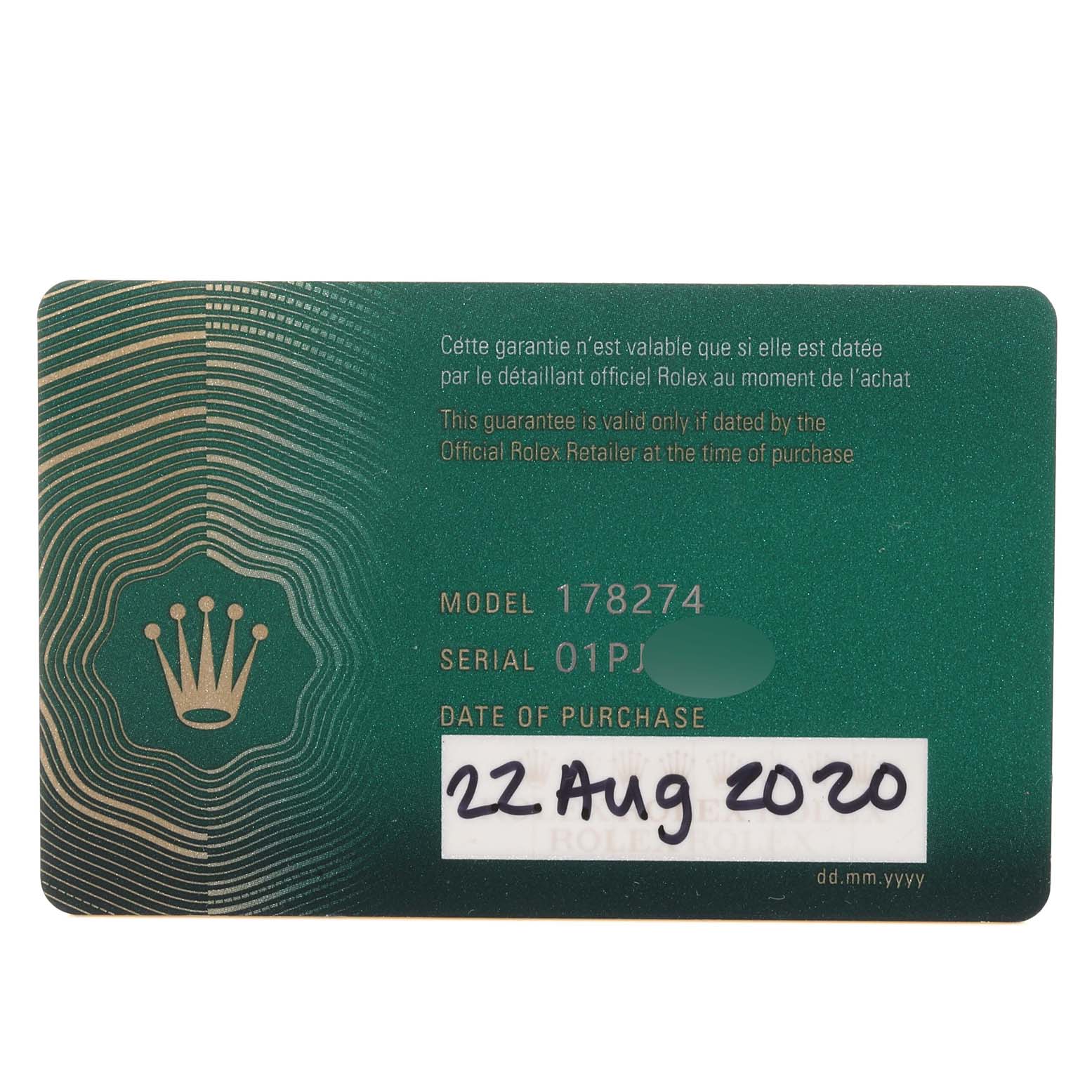 The image shows a Rolex warranty card for a Mid-Size model 178274, dated 22 Aug 2020.