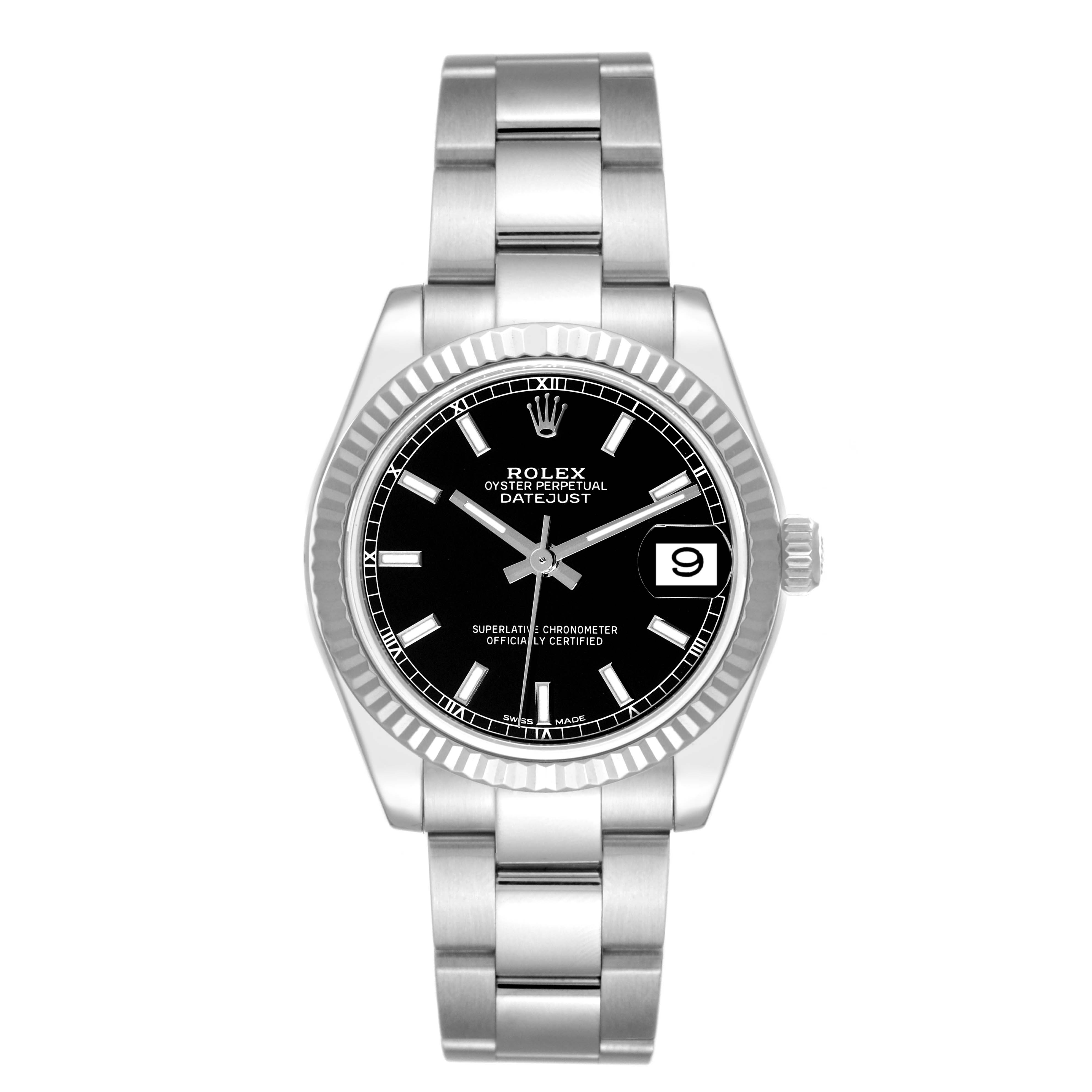 This image shows a front view of a Rolex Oyster Perpetual Datejust Mid-Size watch, highlighting its black dial and bracelet.
