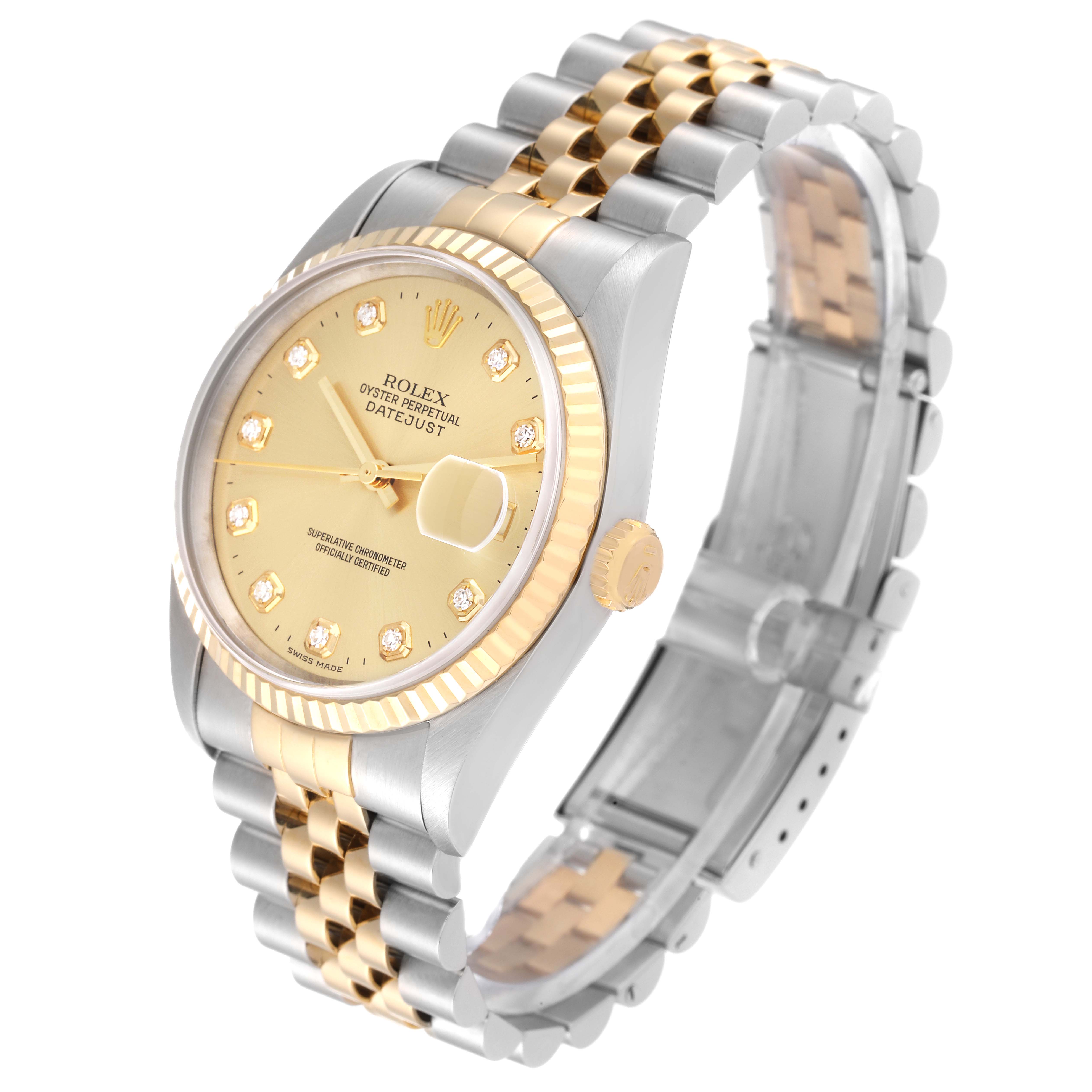 The Rolex Datejust 16233 Men's Steel and Gold (two tone) Champagne Dial 16233 Men's Steel and Gold (two tone) Champagne Dial watch is shown at an angle highlighting the dial, crown, and Jubilee bracelet.