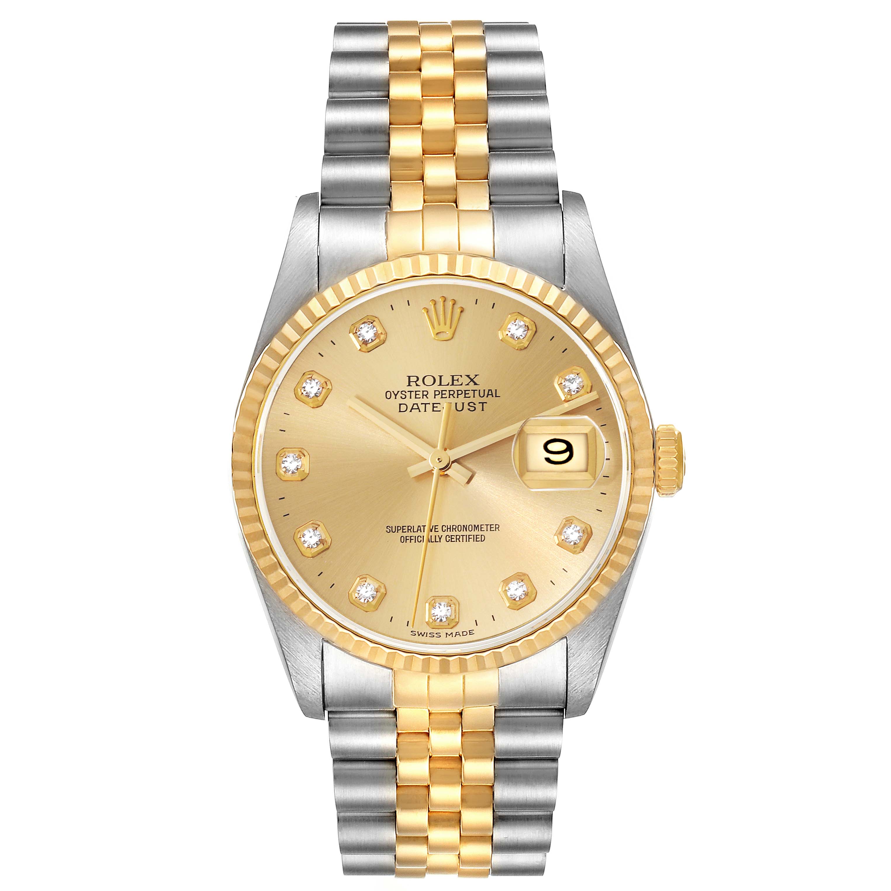 This image shows a front view of the Rolex Datejust 16233 Men's Steel and Gold (two tone) Champagne Dial 16233 Men's Steel and Gold (two tone) Champagne Dial watch, displaying the dial, bezel, case, bracelet, and crown.